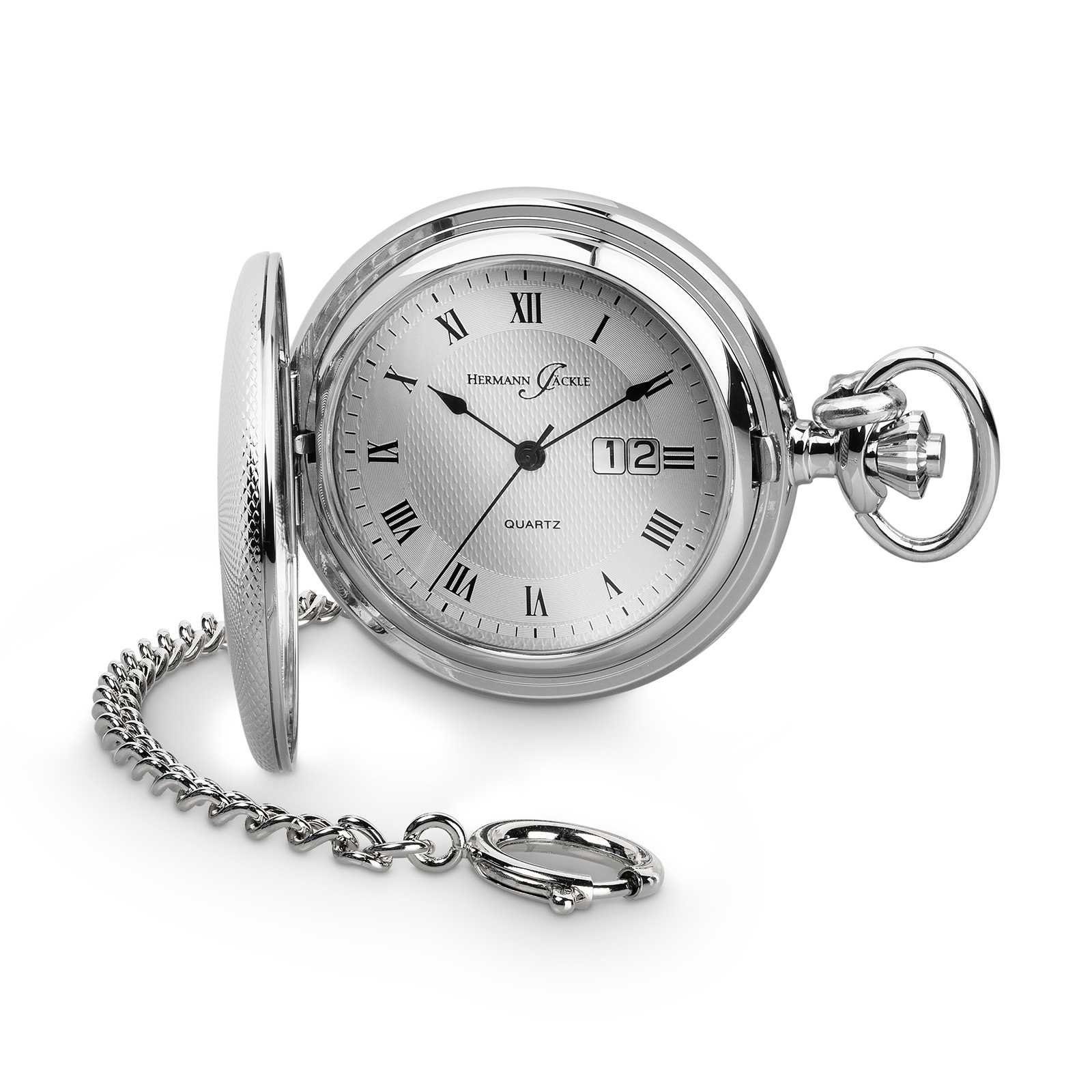 Hermann Jäckle Taschenuhr "Koblenz II" BigDate Quarz, 50 mm, mit Kette & Reiseetui, – Elegante Herrenuhr mit großer Datumsanzeige