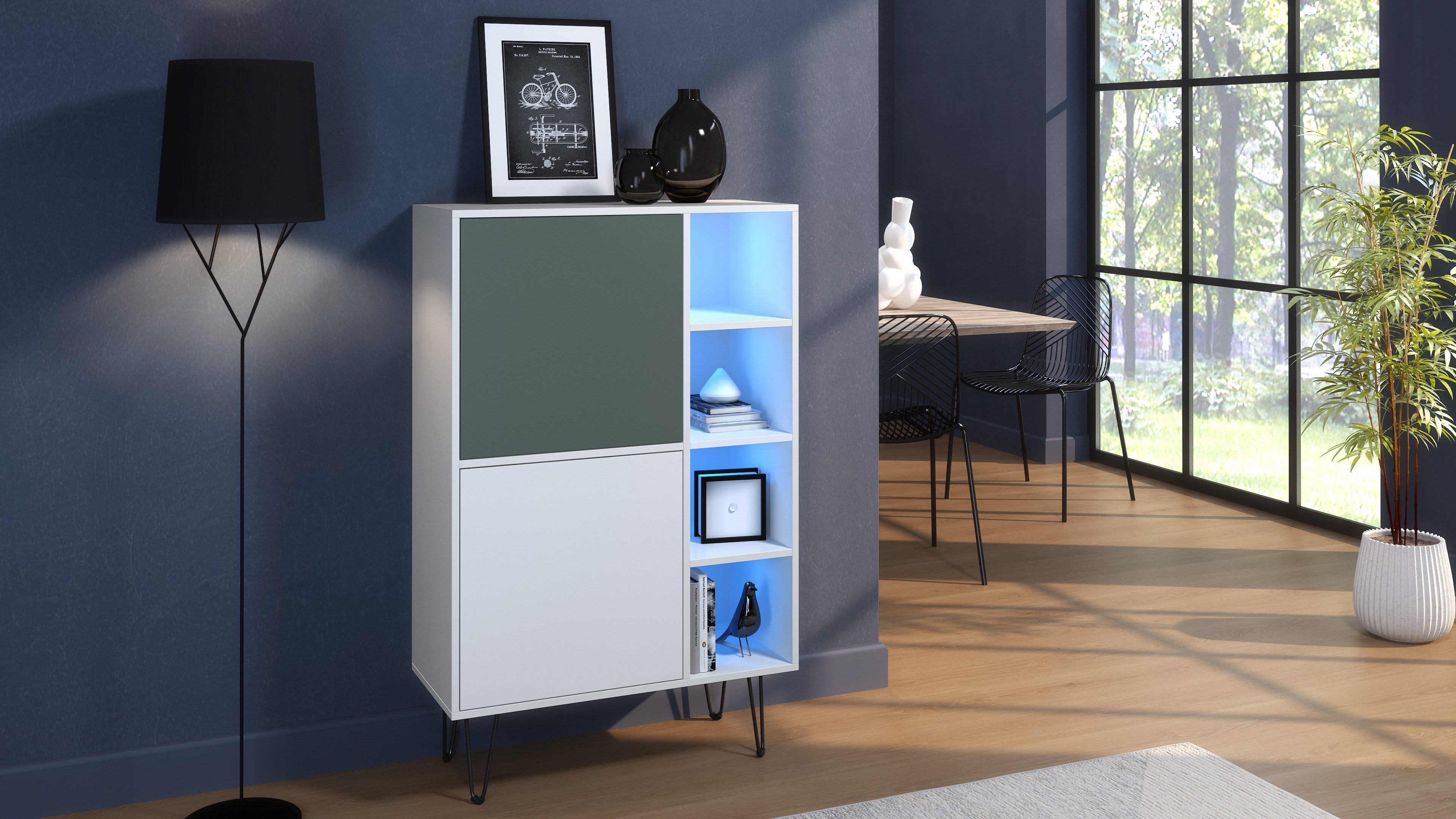 Vladon Sideboard Havana V1 (Sideboard mit 2 Türen und 4 offene Fächer, Kommode mit LED, Made in Germany), Weiß matt / Weiß matt (124 x 79 x 35 cm)