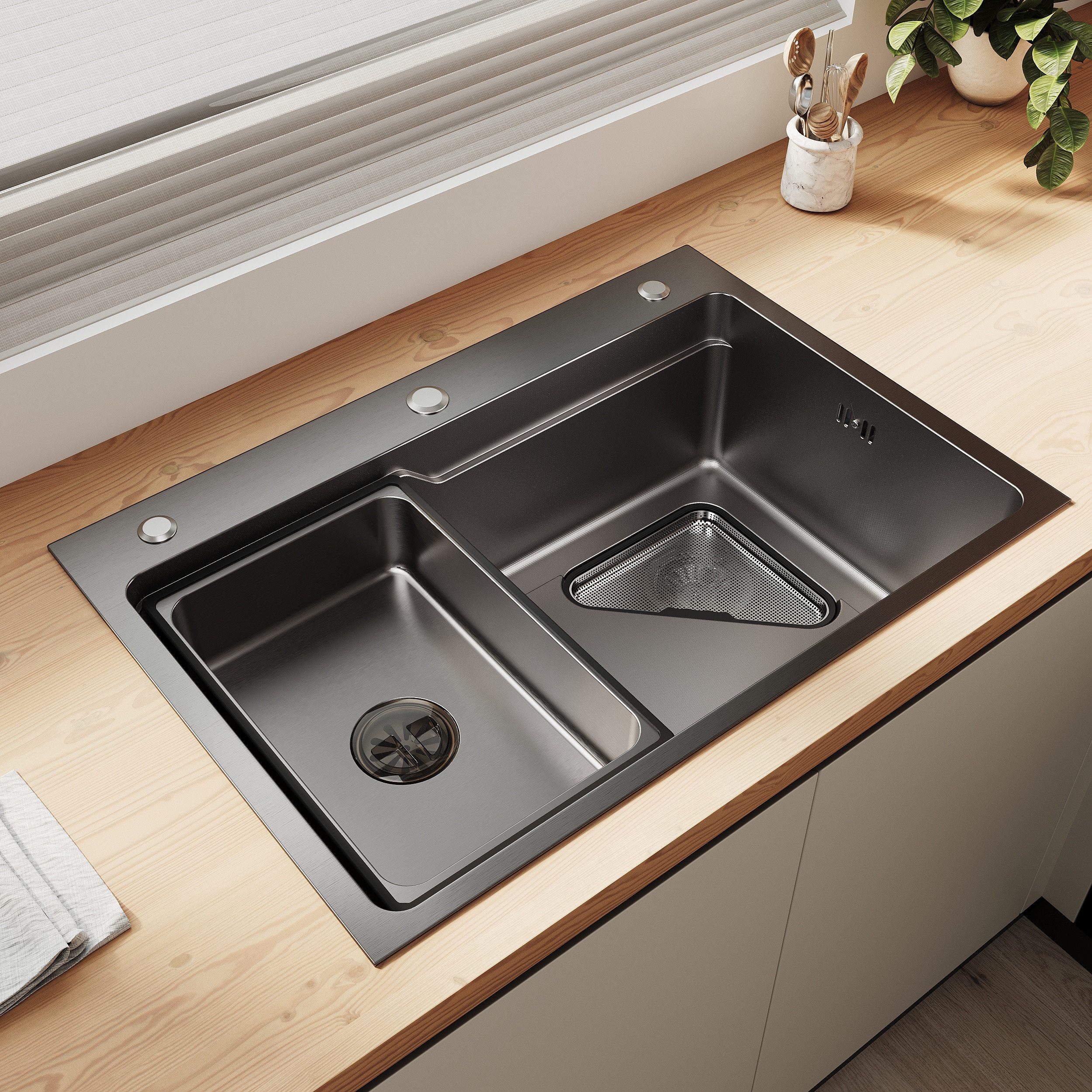 SONNI Küchenspüle Spülbecken Küchenspüle/Waschbecken küche Edelstahlspüle, Breiter Rand, 70/23.5 cm, Dreieckiger Spülen-Siebkorb