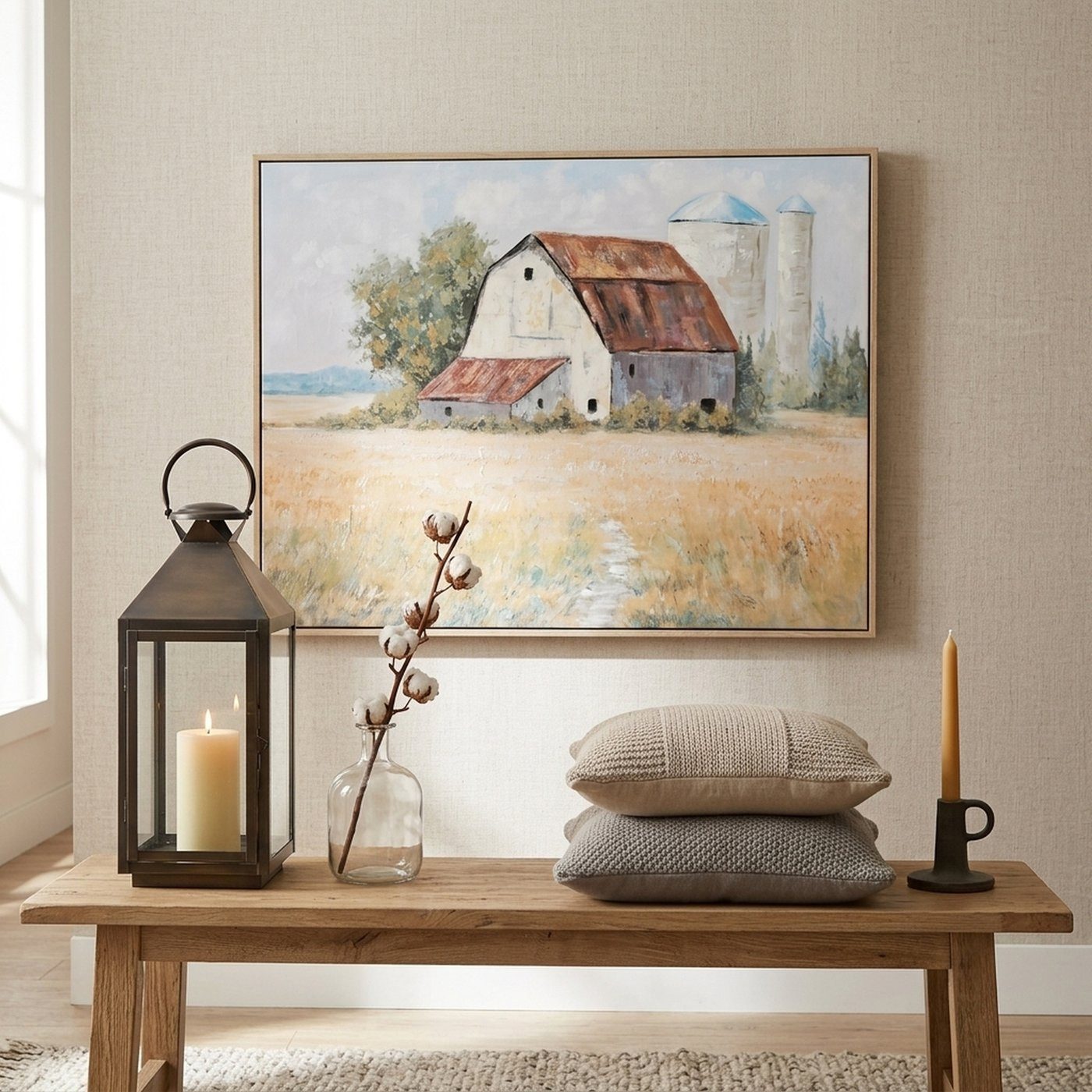 MF Leinwandbild Leinwandbild Landhausblick mit Rahmen 80 x 60 cm Handgemalt, (1 St) – Bild 3 von 4