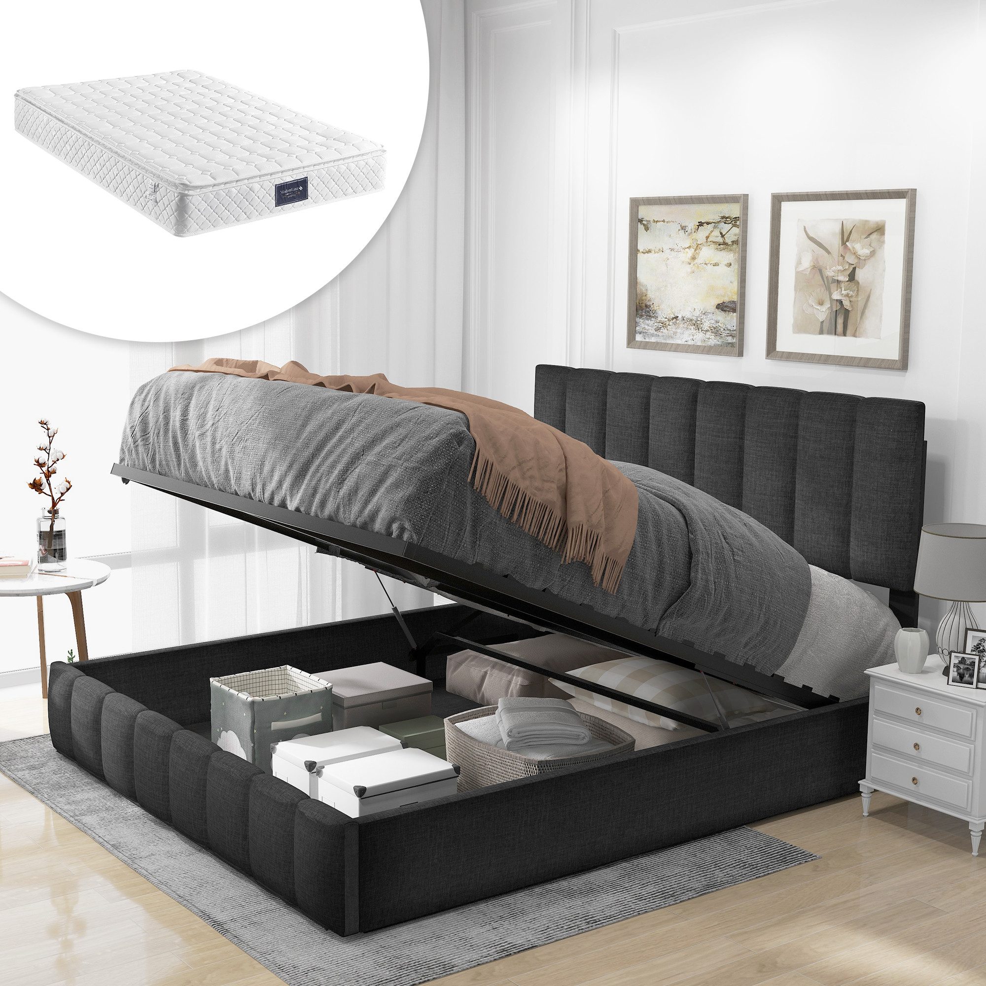 Ulife Boxspringbett graues und hydraulisches Doppelbett günstig online kaufen
