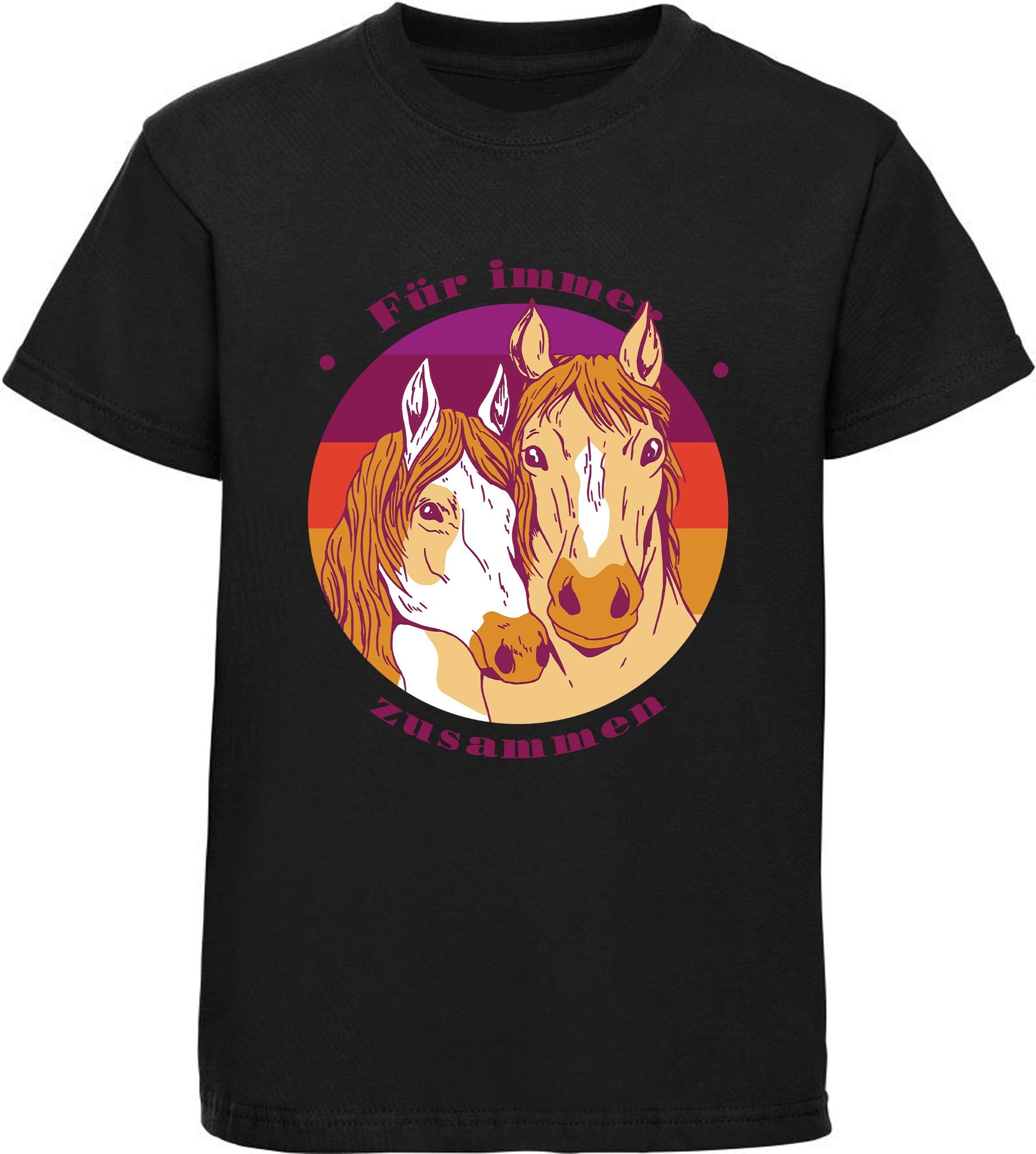 Mädchen schwarz T-Shirt Print-Shirt bedrucktes MyDesign24 Aufdruck, Pferdeköpfe i148 Baumwollshirt zwei mit