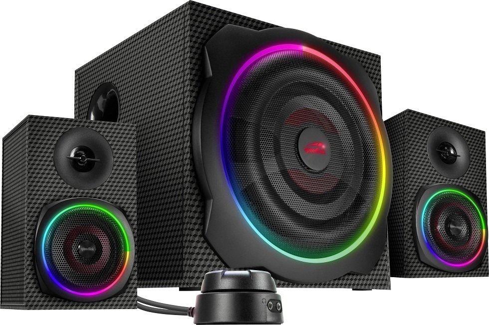 Speedlink GRAVITY CARBON RGB 2.1 Soundsystem 2.1 (60 W, Subwoofer, Lautsprechersystem mit Bluetooth-Verbindung, für Smartphone/Tablet, 120W Peak-Power)