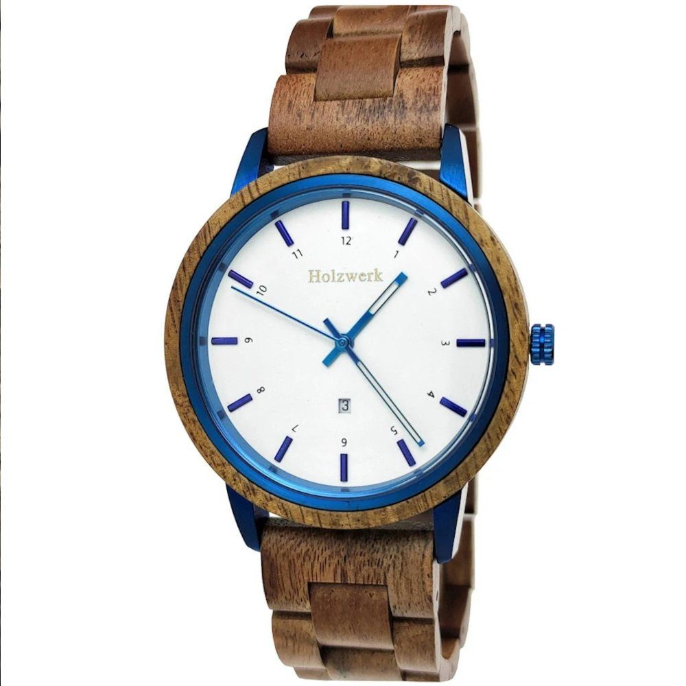 mit Herren braun, GARDING Holzwerk blau weiß Quarzuhr & Holz Armband Damen Datum, & Uhr