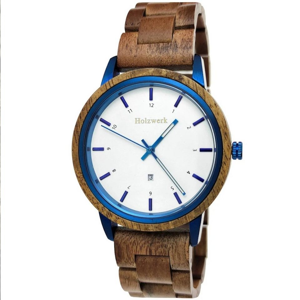 Holzwerk Quarzuhr GARDING Damen & Herren Holz Armband Uhr mit Datum, braun,  weiß & blau