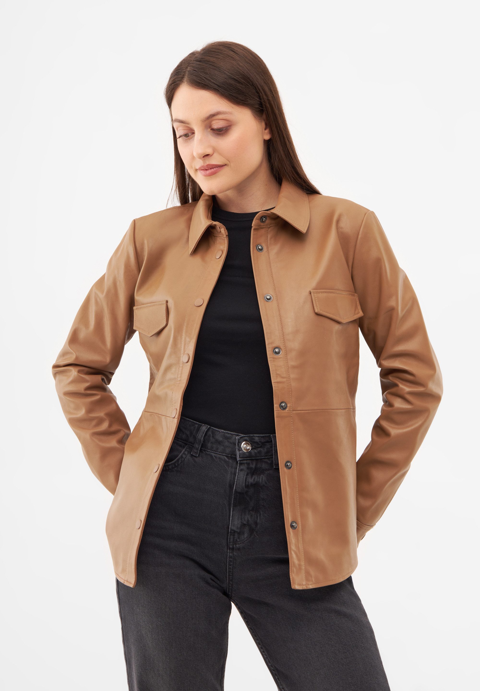 Bolongaro Trevor Businessshirt LEATHER Lederhemd, Druckknopfverschluss, Zwei Brusttaschen