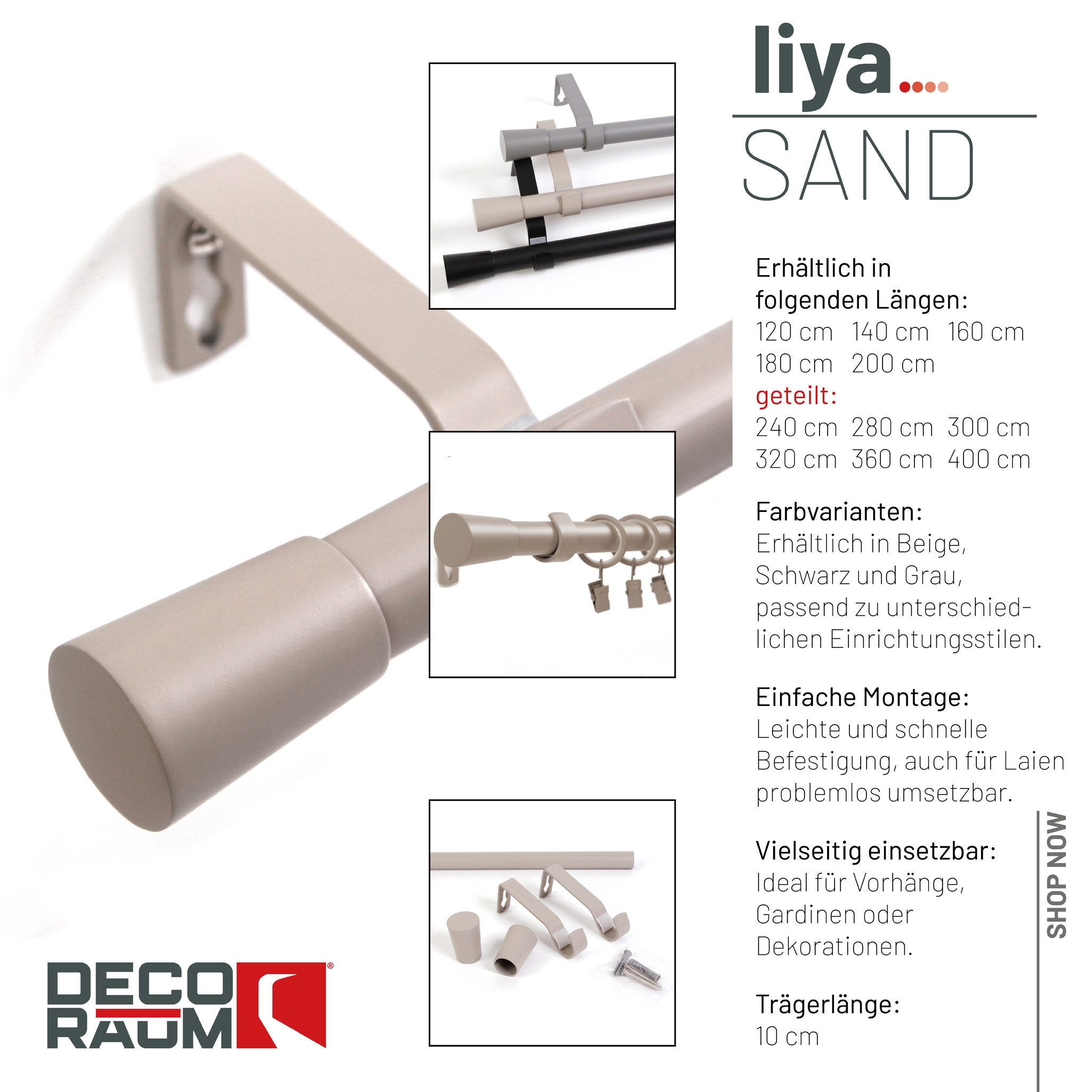Deco-Raum Gardinenstange Liya, Ø 19 mm, 1-läufig, kürzbar, Wunschmaßlänge, verschraubt, Komplett-Set mit Ringen und Klammern,Befestigungsmaterial