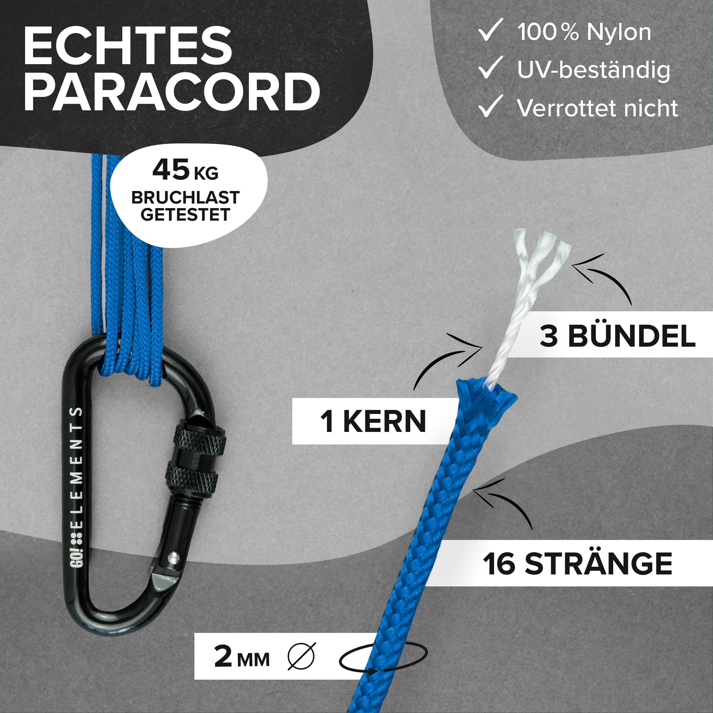GO!elements Paracord 100 - 2mm Seil, Paracord 100 aus reißfester Nylonschnur