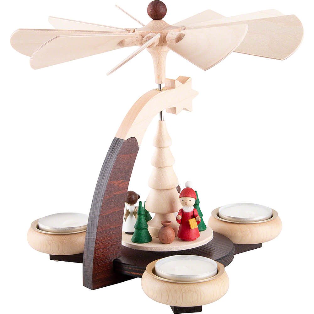 Ullrich Kunsthandwerk Weihnachtspyramide 1-stöckige Pyramide naturfarben Weihnachtsmann und weiße Engel (19cm)