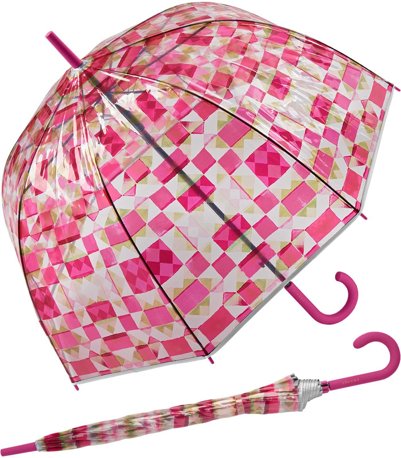 Esprit Langregenschirm Automatik-Glockenschirm Kaleidoscope transparent, farbenfroh bedruckt mit pinkfarbenen Vierecken