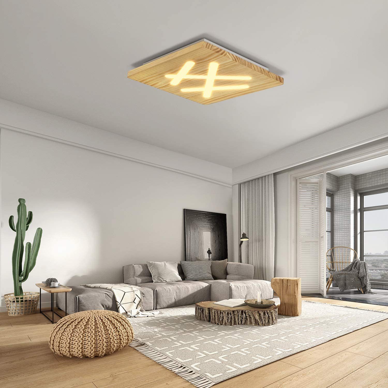 ZMH LED Deckenleuchte Holz Acryl Wohnzimmer 40cm Quadratisch Flurlampe,  Dimmer, LED fest integriert