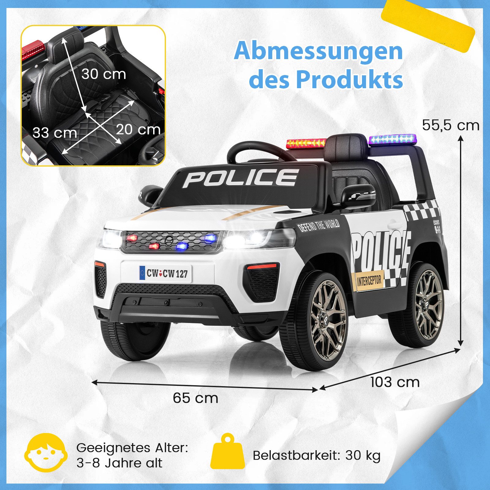 COSTWAY Elektro-Kinderauto, Belastbarkeit 30 kg, 12V Kinder-Polizeiauto mit Fernbedienung, Hupe, Musik