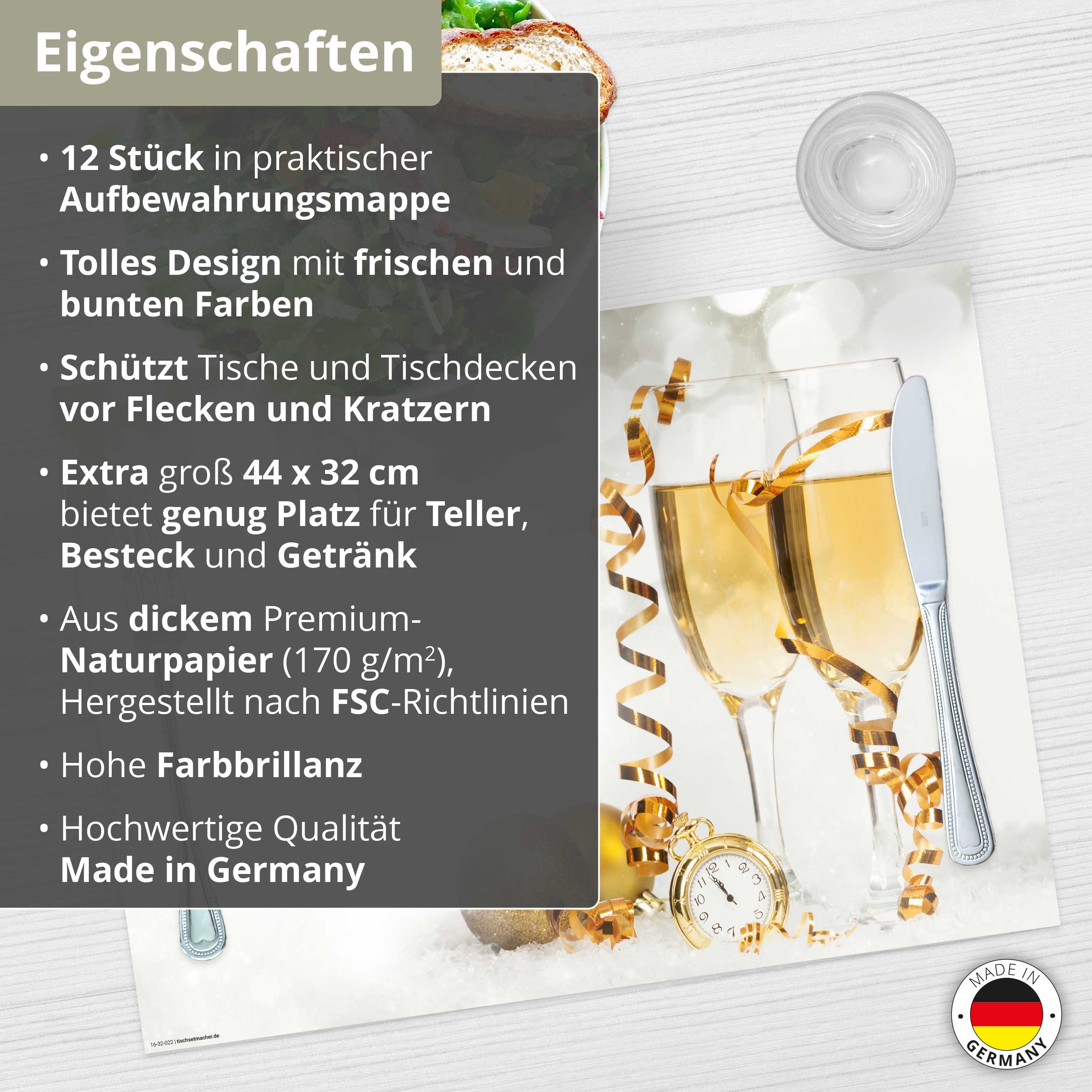 Tischsetmacher Platzset Tischsets I Platzsets - Silvester - Silvesterdeko - Weiß & Gold, (aus hochwertigem Papier, 12-St., 44 x 32 cm), Made in Germany