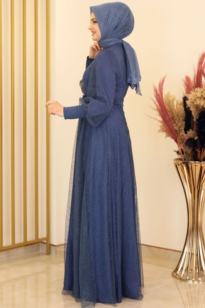 Tüllkleid Maxikleid Blau Abaya Abiye Kleid langärmliges silbriges Navy Hijab Abendkleid Modavitrini
