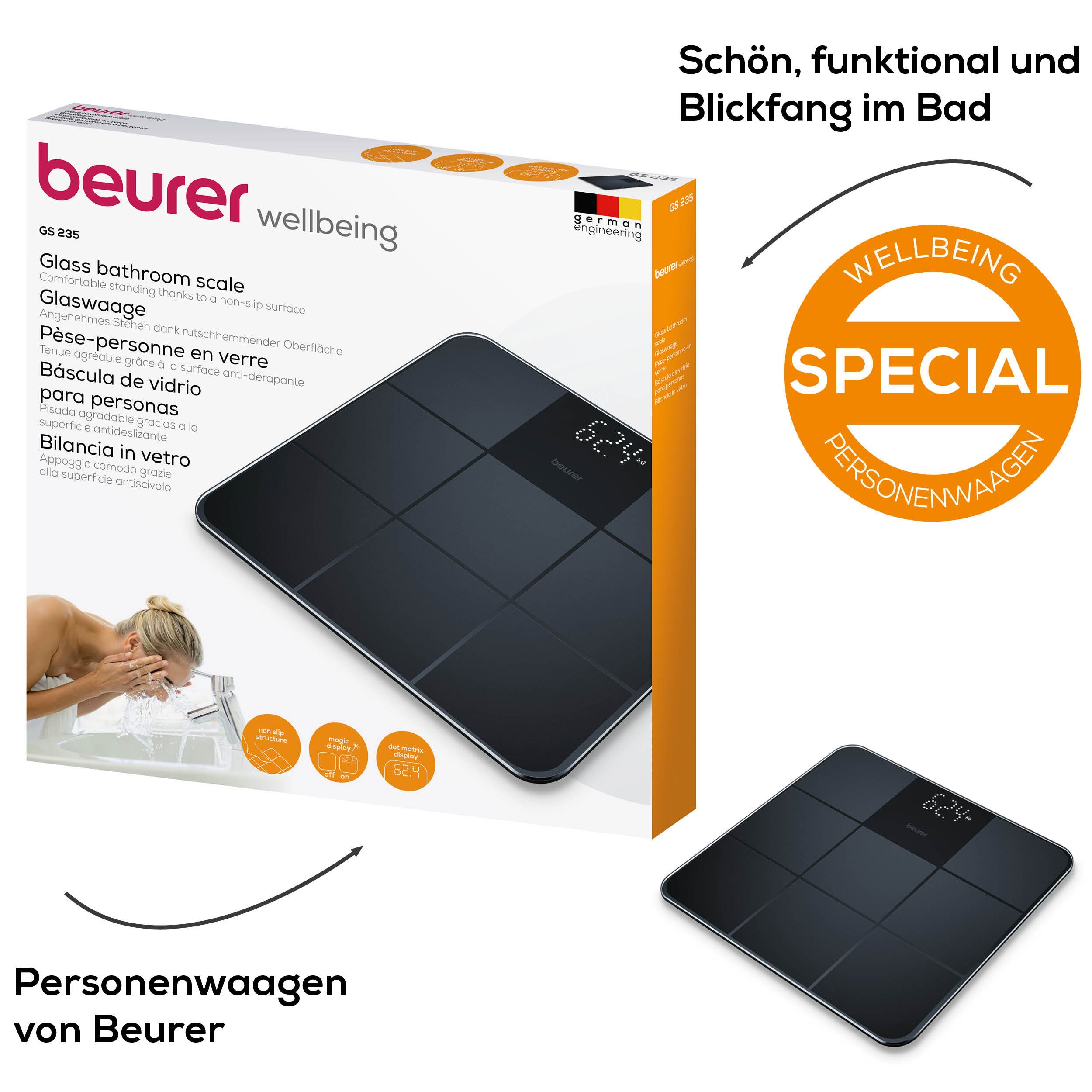 BEURER Personenwaage GS 235 Glaswaage mit Magic-LED Display - erscheint nur bei Messung, Elegante Oberfläche mit matter Fliesenstruktur, Tragkraft bis 180 kg