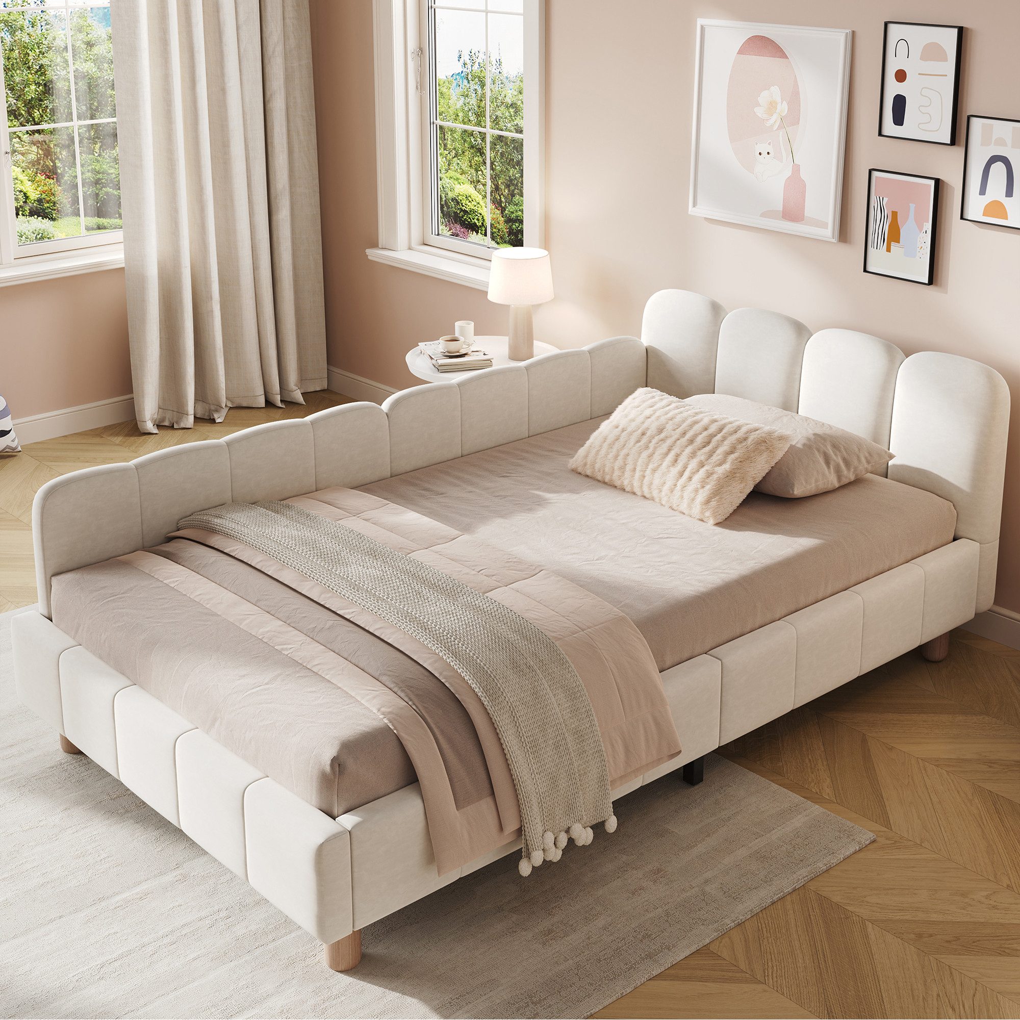 OKWISH Polsterbett 90x200 cm aus Samt mit Rausfallschutz (Packung, 1-tlg., Gepolstertes Kopfteil), Bettbeine aus Massivholz für Kinder(ohne Matratze)