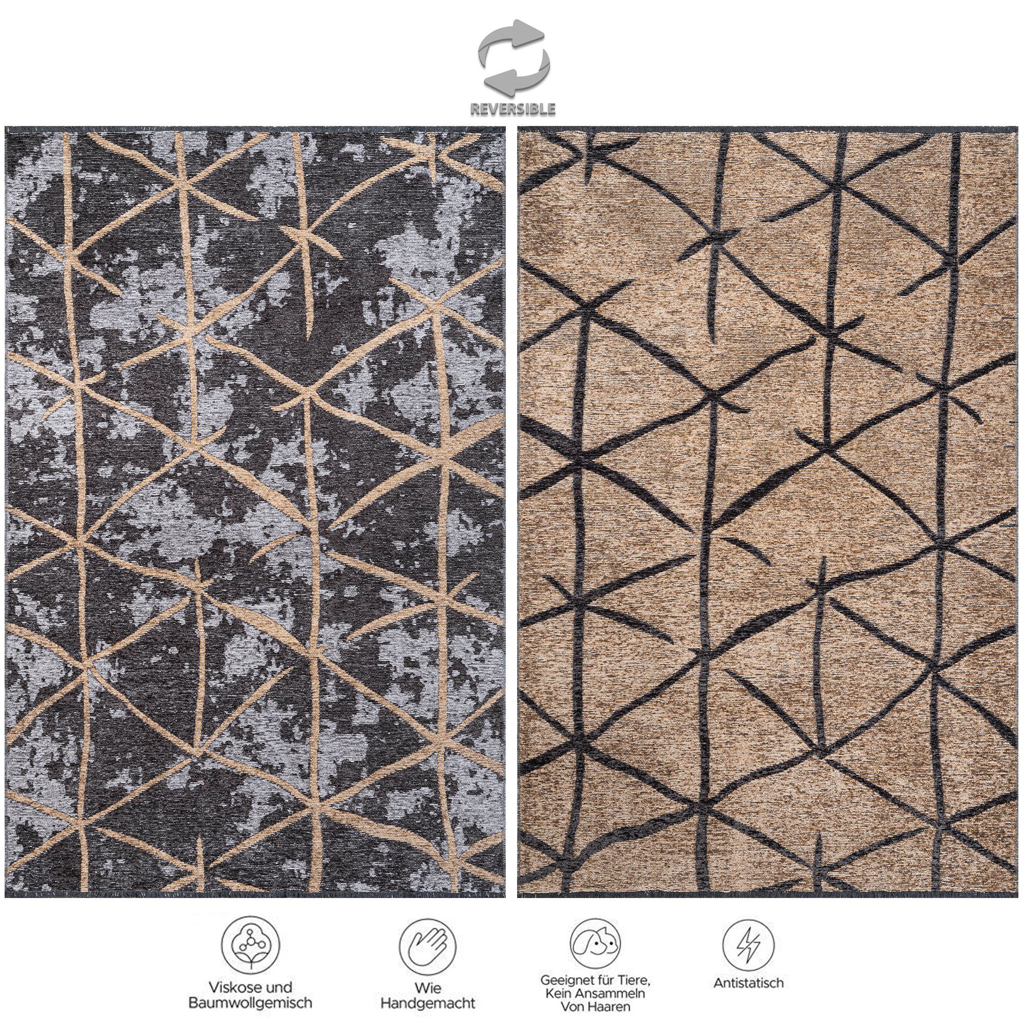 Teppich, Eleganter Teppich Rechteckig, SOHO, Kurzflor 8 mm, Wohnzimmer, Höhe: Rauten-Anthracite Jimri, Flachgewebe Modern