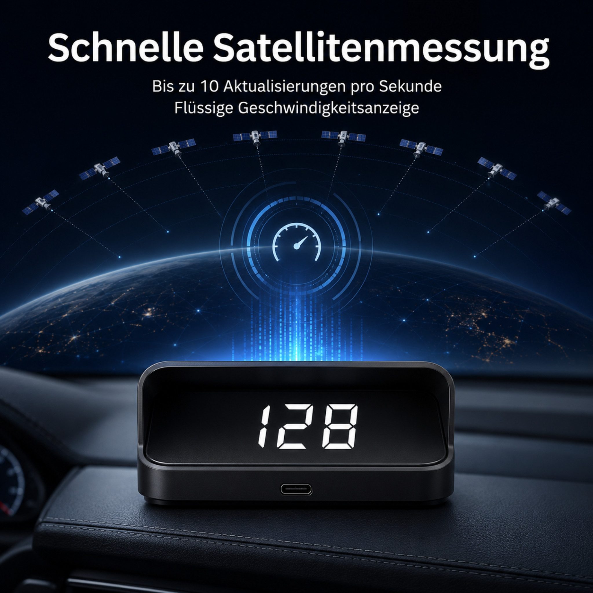 HS.SUPPLY Head Up Display GPS HUD Tacho Auto Geschwindigkeitsanzeige Head-Up Display USB-C, Komplett-Set, 5-teiliges Set, Lichtsensor, Automatisches Ein- & Ausschalten, hohe Genauigkeit