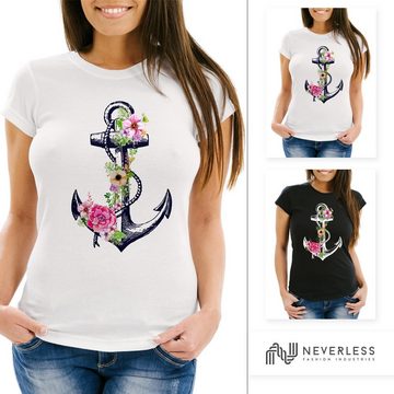 Neverless Print-Shirt Damen T-Shirt Blumen Anker Flower Anchor Watercolor Slim Fit Neverless® mit Print