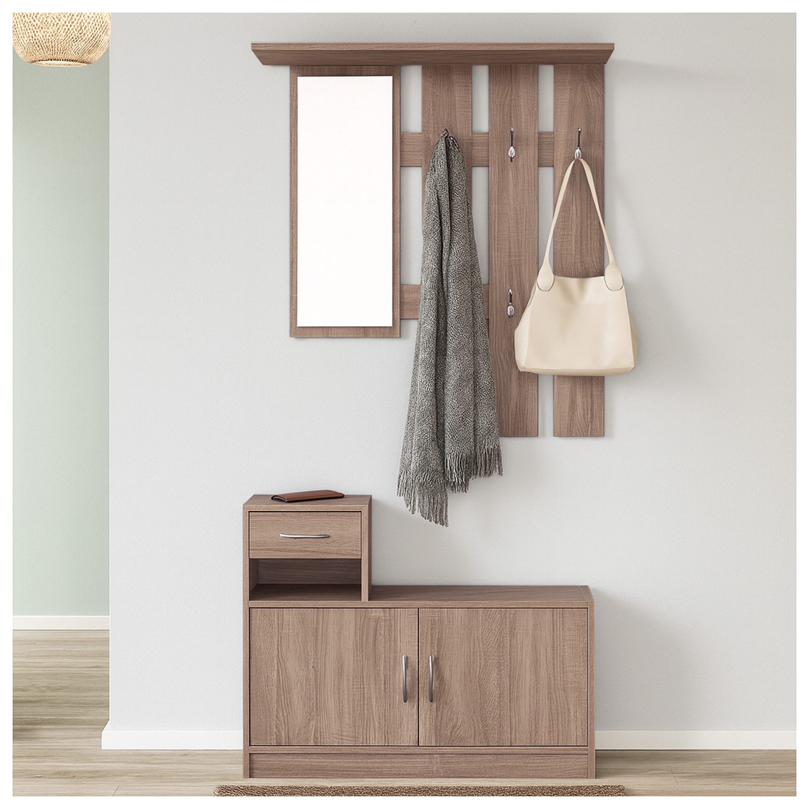 HTI-Living Garderobe Garderobenpaneel mit Schuhschrank Thekla Sonoma (Set, 2 St., 1 Garderobenpaneel mit Spiegel, 1 Schuhschrank), mit Spiegel Hutablage und 5 Kleiderhaken