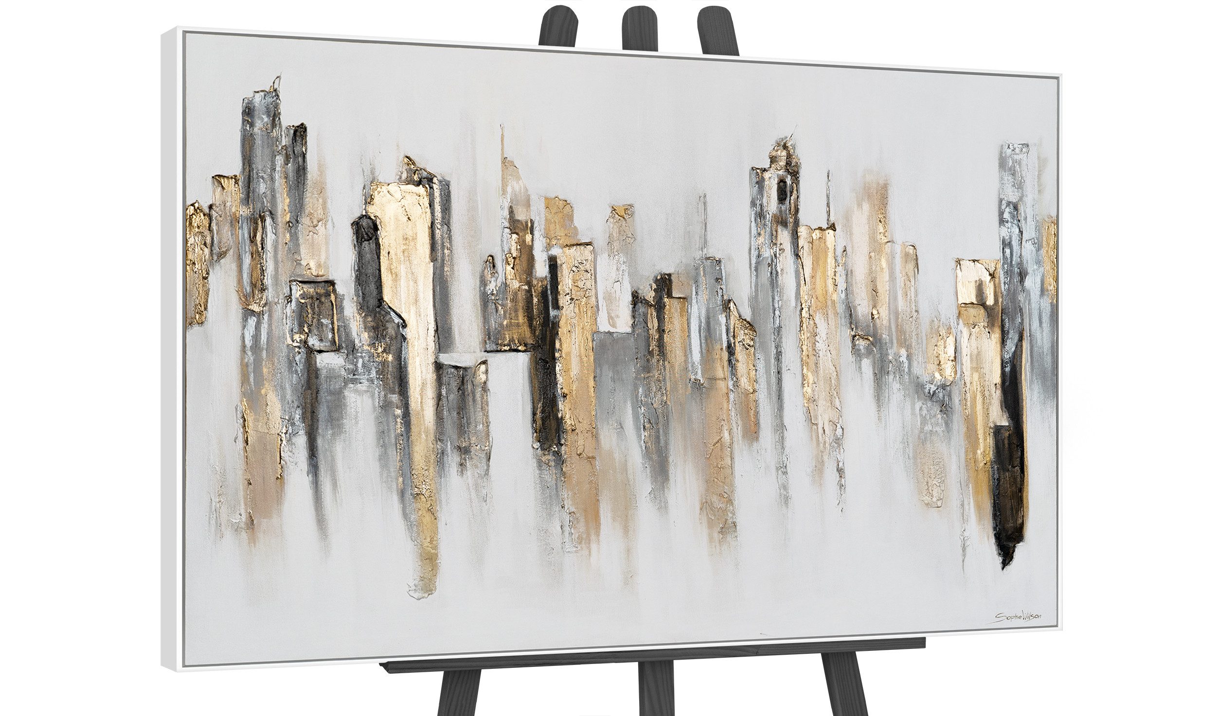 YS-Art Gemälde Stadtrhythmen, Abstraktion, Leinwandbild Großstadt in Weiß und Gold, Wolkenkratzer