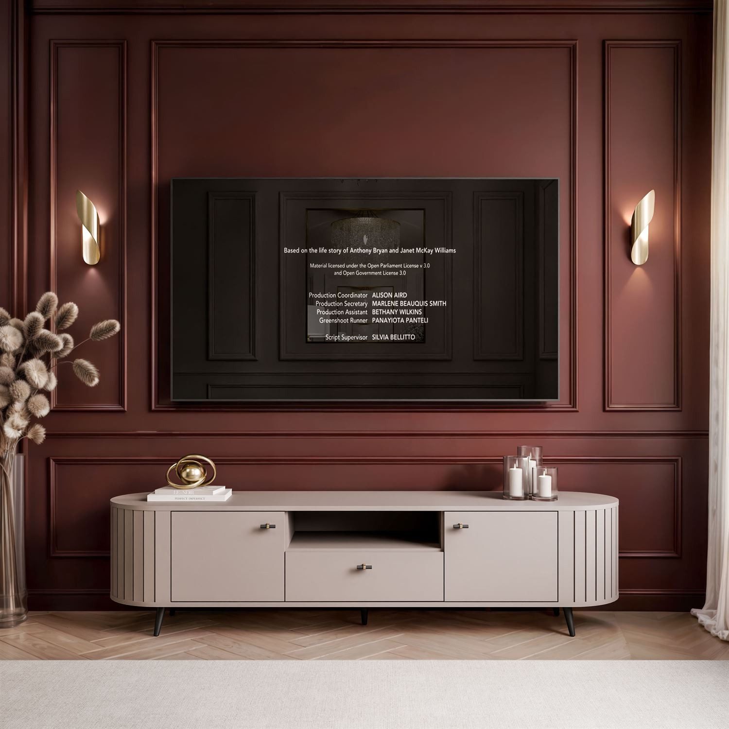 yourhouse24 TV-Schrank LINNEA 180cm 2D1S Runde Ecken Lamellen Kaschmir/Schw günstig online kaufen