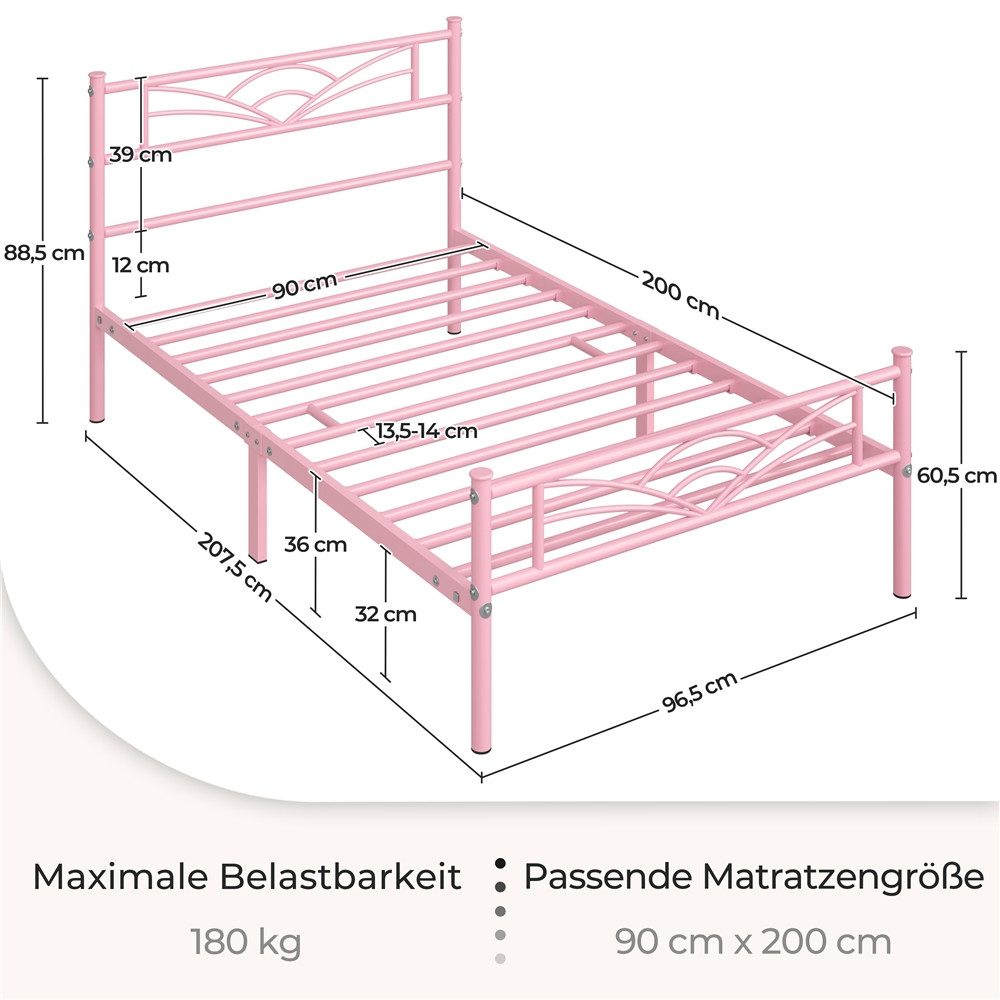 Yaheetech Bettgestell Metallbett, Bettrahmen mit Kopfteil, Doppel/Einzelbett 90x190/90x200/140x200cm