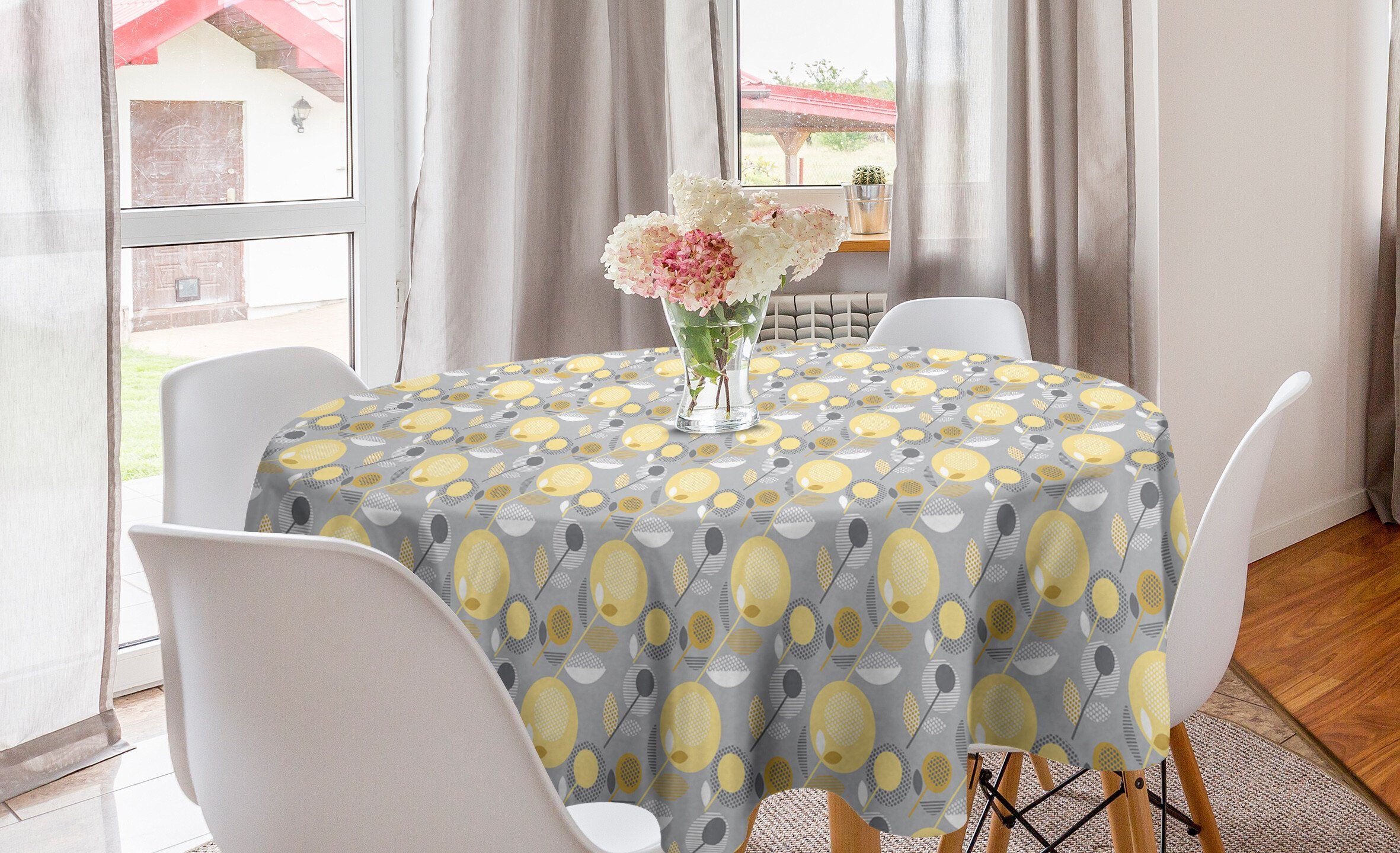 Abakuhaus Abdeckung Blume Esszimmer Dekoration, Gelbe Küche Tischdecke Tischdecke Kreis für 60er-Muster