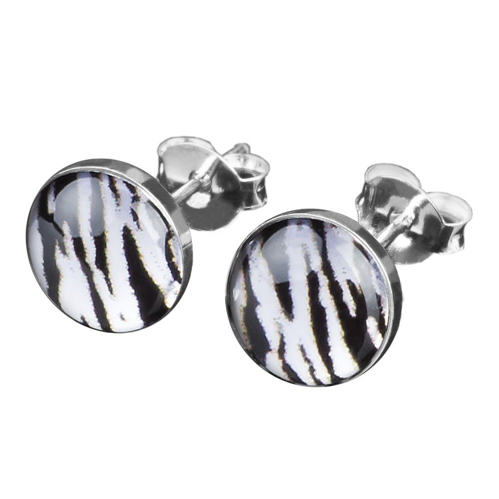 Paar Ohrstecker Damen Ohrringe rund Edelstahl Schwarz Zebra Tiger Streifen