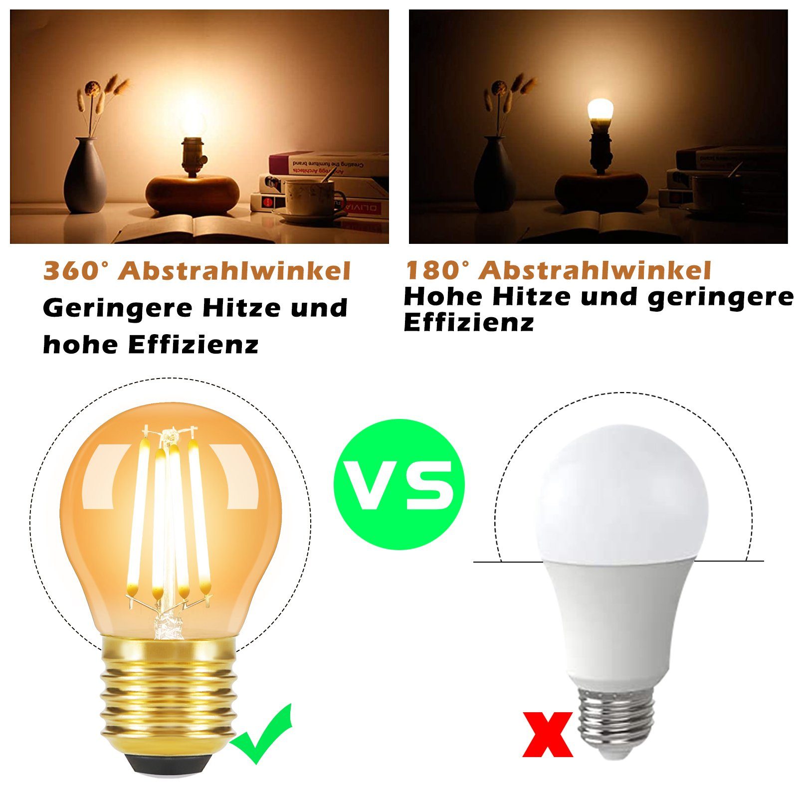 E14//E27, Edison Birne E27, Filament LED-Leuchtmittel Glühbirne LED St., Glas Retro 2700K - G45 ZMH Vintage Energiesparlampe warmweiß, 6