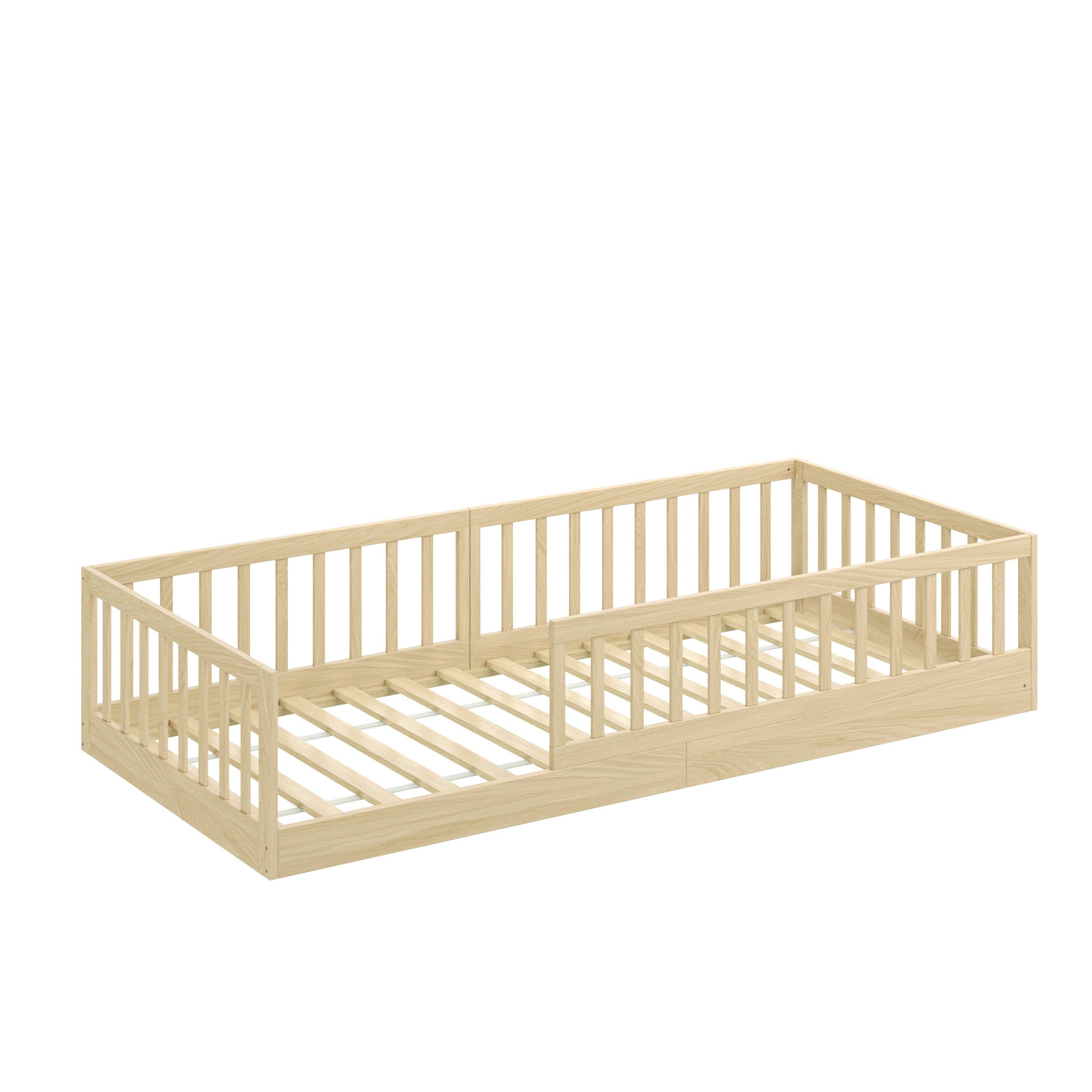 CADANI Kinderbett Timi Bodenbett bis 200 kg belastbar mit abnehmbarem Rausfallschutz (90x200 cm, Montessori Kinder- & Jugendbett aus Kiefer Massivholz), inkl. stabilem Roll-Lattenrost, Natur