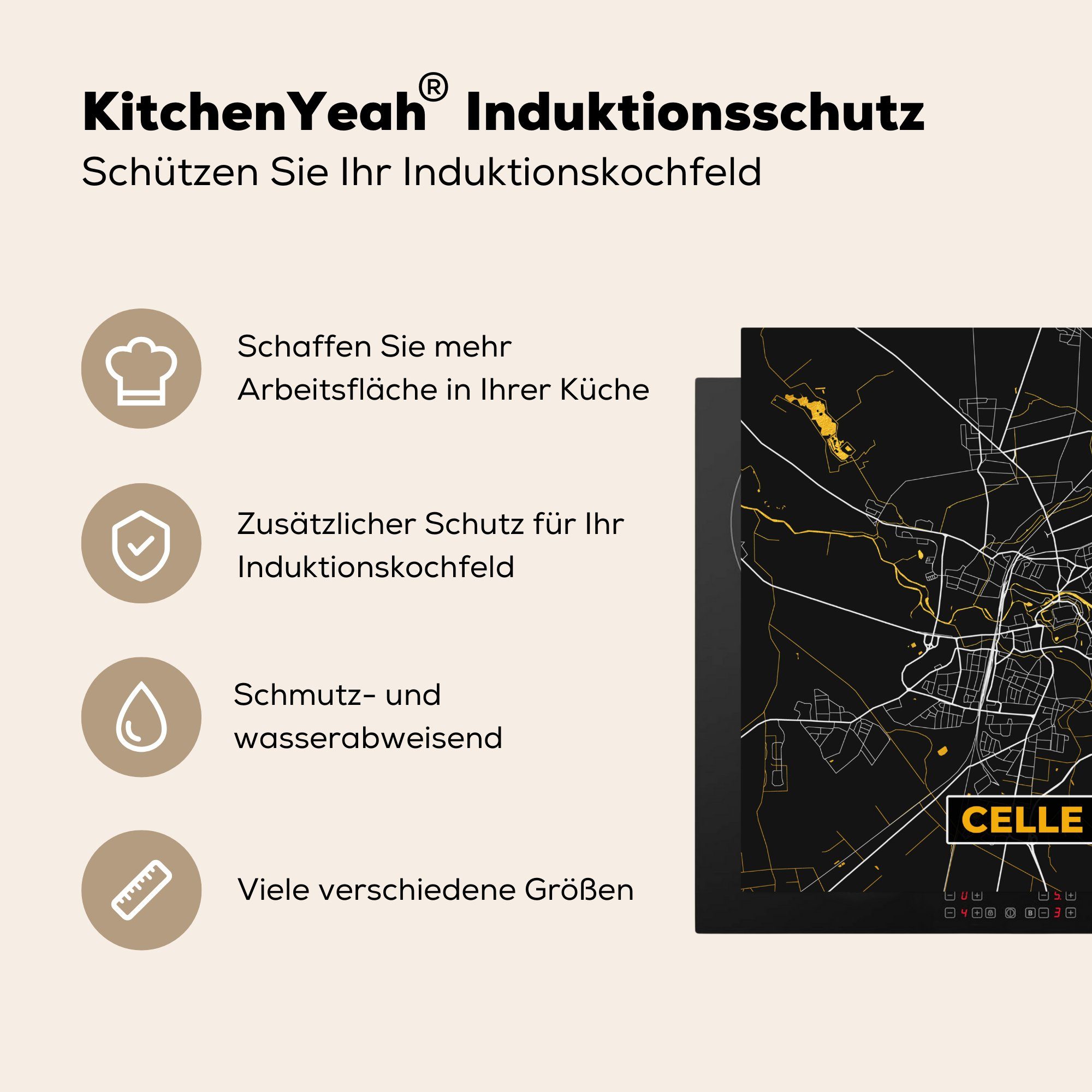 78x78 Gold Vinyl, - - Arbeitsplatte Deutschland, MuchoWow - cm, Stadtplan - Herdblende-/Abdeckplatte tlg), Karte küche Celle für (1 Ceranfeldabdeckung,