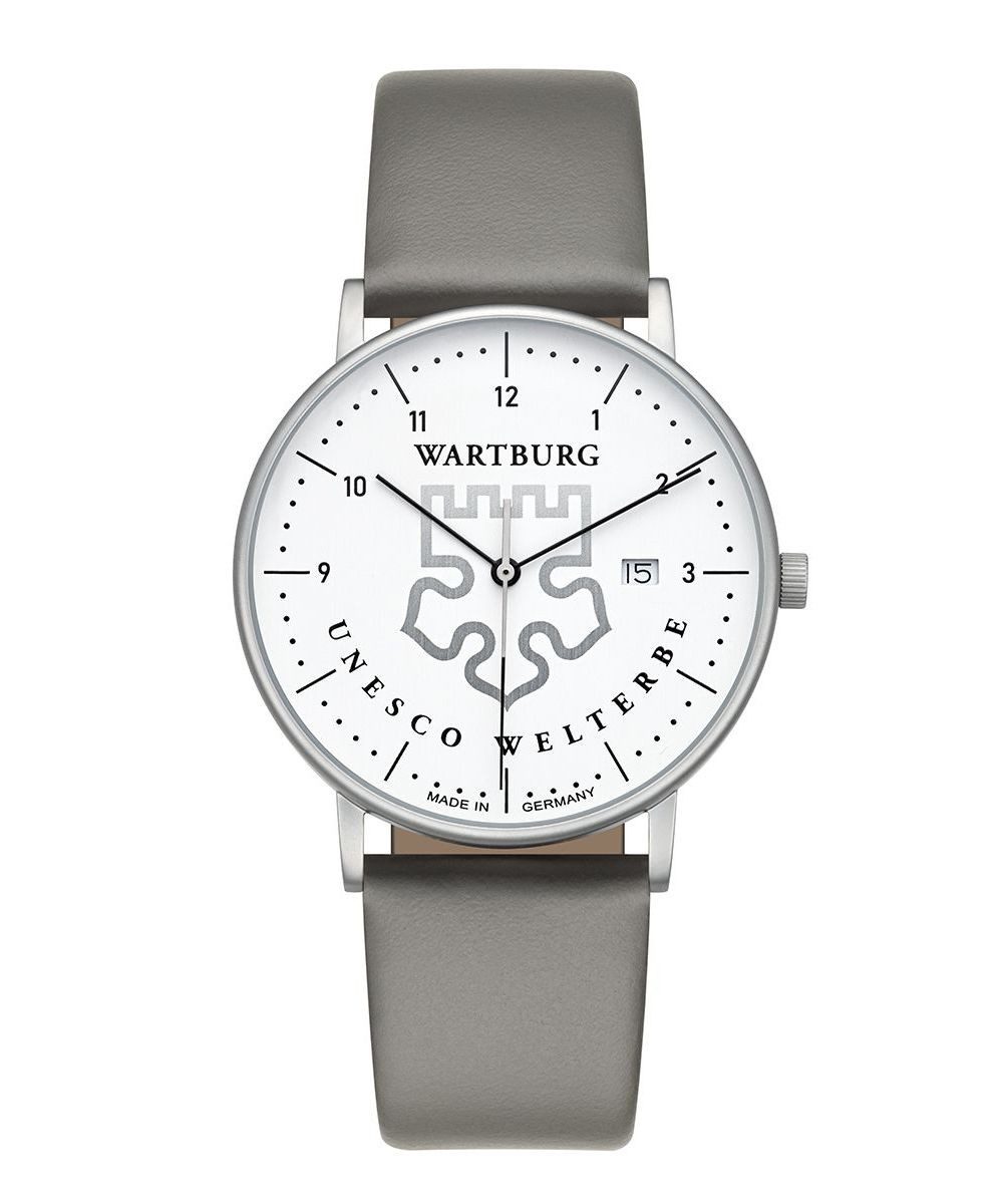 UMR Ruhla Quarzuhr Wartburg Herrenuhr 30430-GR 39 mm Weiß Grau Lederband Made in Germany