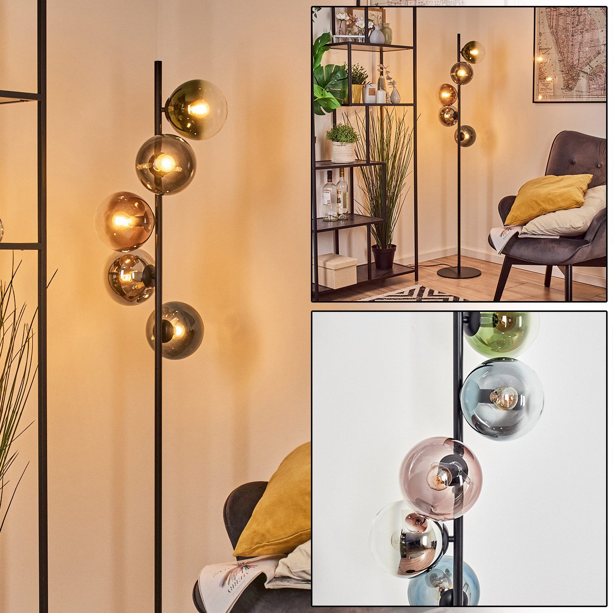 hofstein Stehlampe Stehlampe aus Metall/Glas in Schwarz/Blau/Grün/Kupfer/Chrom/Rauch/Klar, ohne Leuchtmittel, Stehleuchte im Retro/Vintage-Design mit Fußschalter, 160 cm, 5 x E14