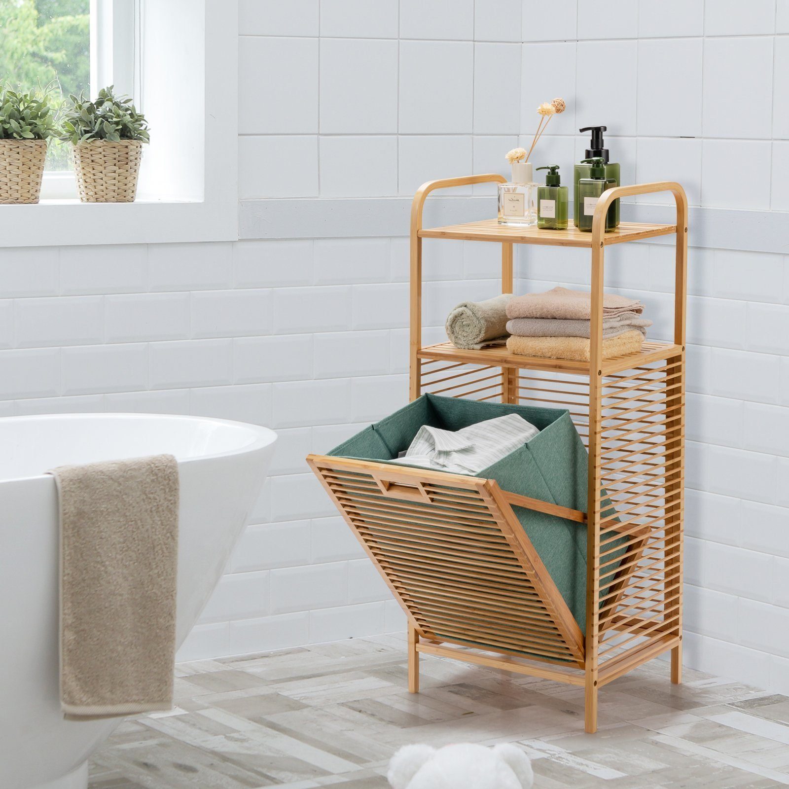 COSTWAY Wäschekorb »Korbregal Badezimmer Badregal«, 2 offenen Regalfächern  und Griff, aus Bambus online kaufen | OTTO