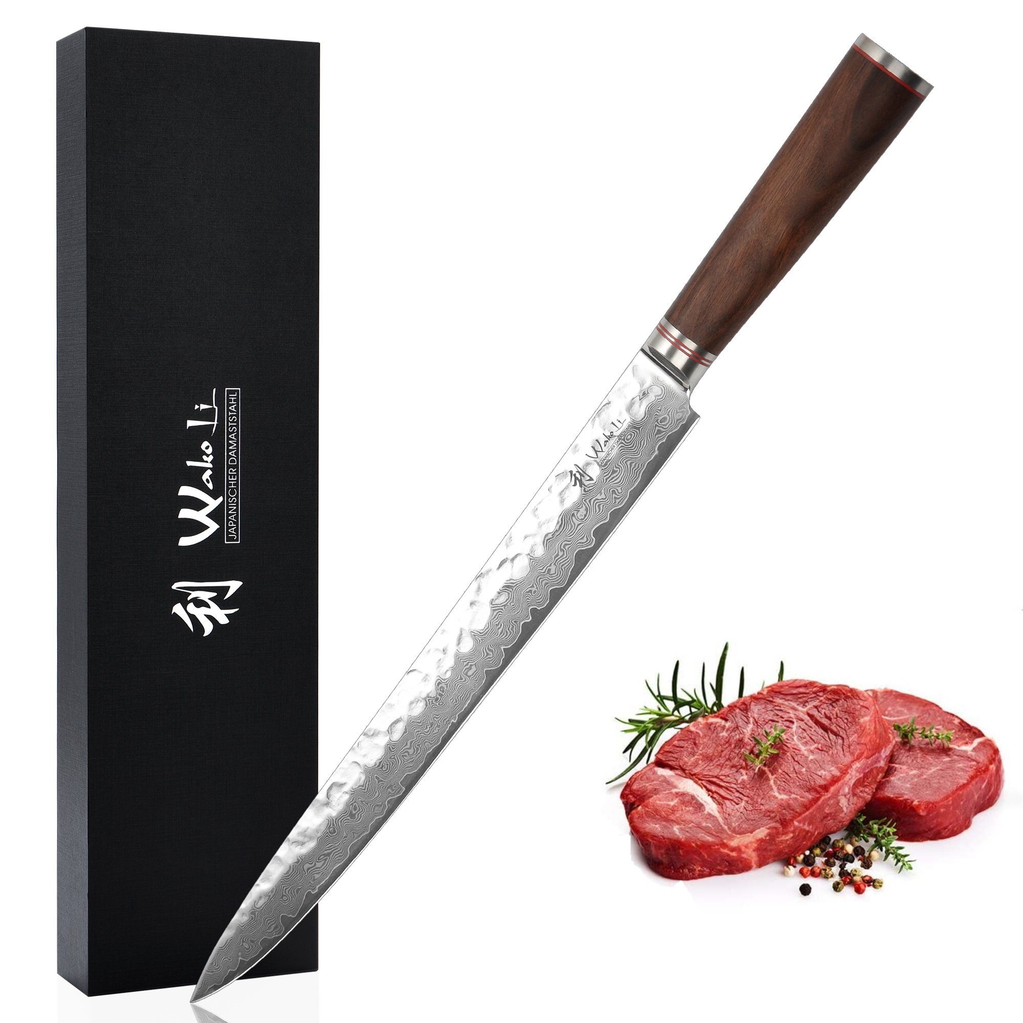 Wakoli Fleischmesser Damast Sashimi & Tranchiermesser Kochmesser Küchenmesser 30 cm Klinge, aus 67 Lagen Damaststahl, VG10 Kern