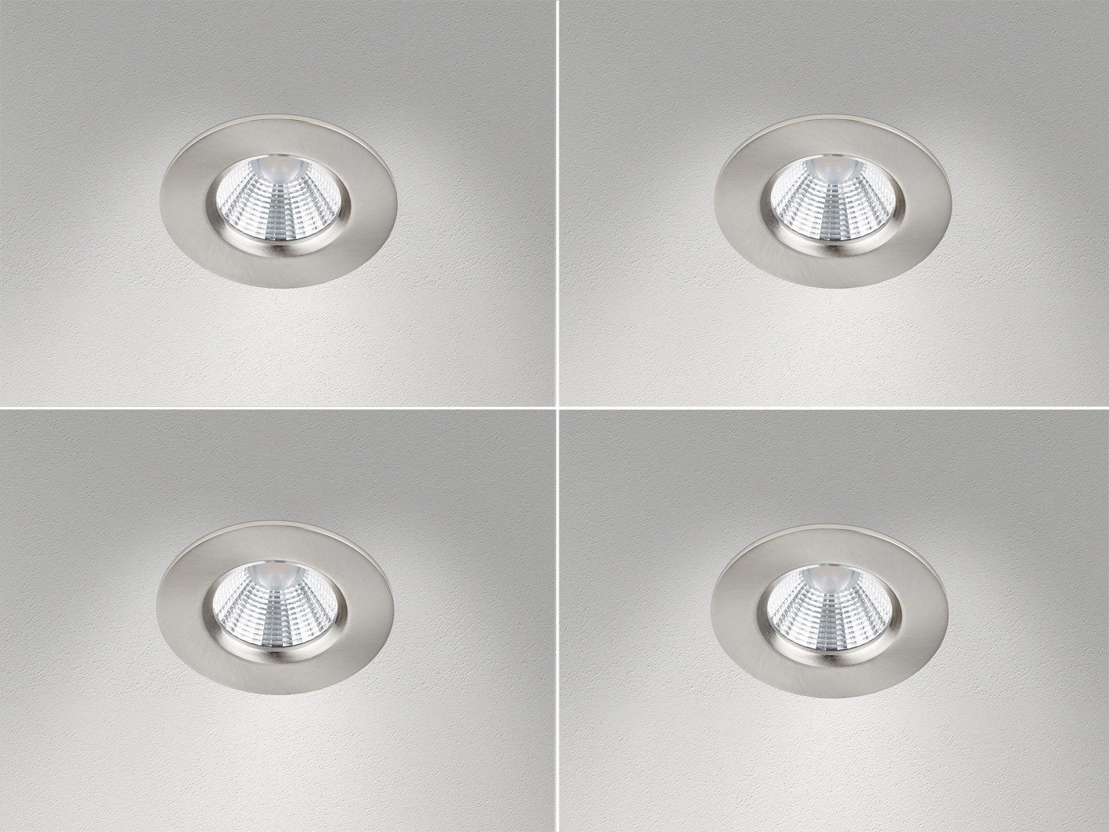 TRIO Leuchten LED Einbaustrahler, Dimmfunktion, LED fest integriert, Warmweiß, 4er-SET Deckeneinbauleuchte, Badlampe Decke Dusche Silber Ø 8,5cm IP65