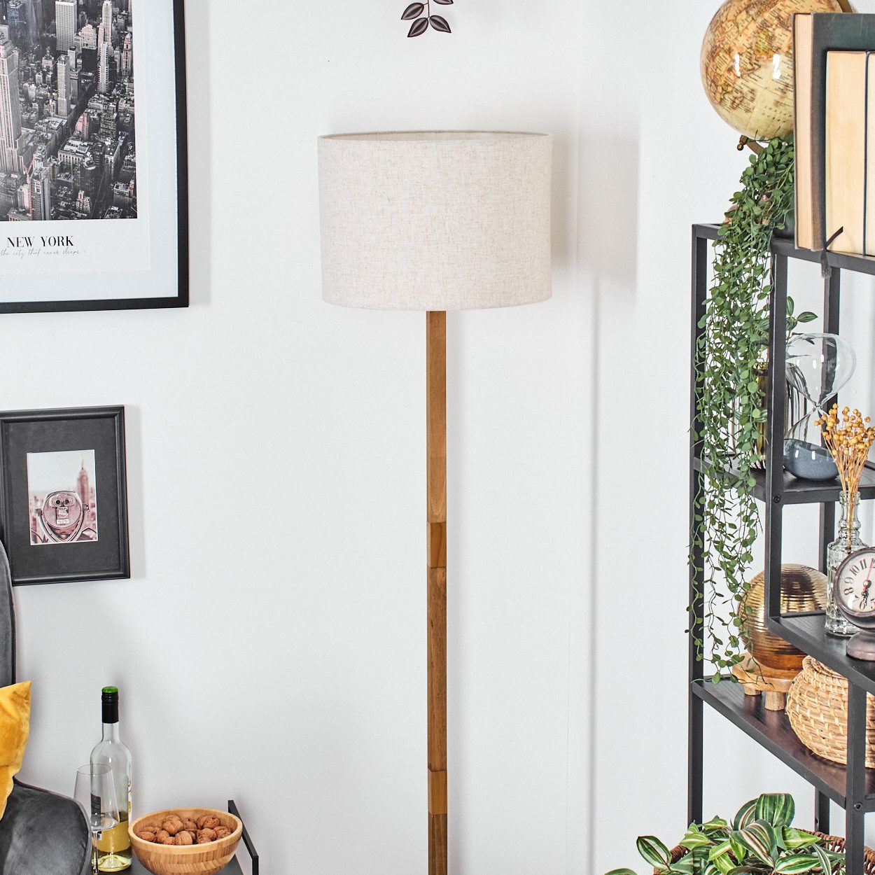 hofstein Stehlampe Stehlampe mit Holzfuß und Schirm aus Stoff, ohne Leuchtmittel, Boho-Style, skandinavisches Design (40 cm), Fußschalter, 1 x E27