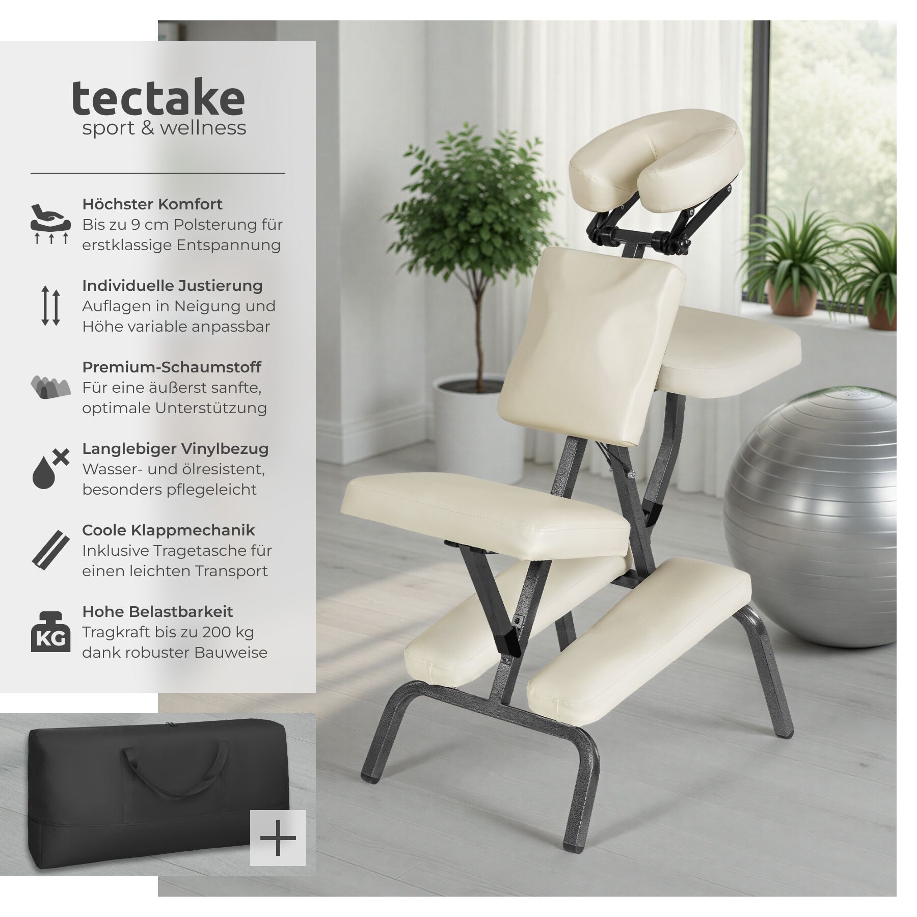 tectake Massagesessel Massagestuhl, klappbar, 80 x 50 x 105 cm, inklusive Tragetasche (Massageliege, in Beige), verstellbare Polster für Kopf, Brust und Arme, gepolsterte Beinablagen