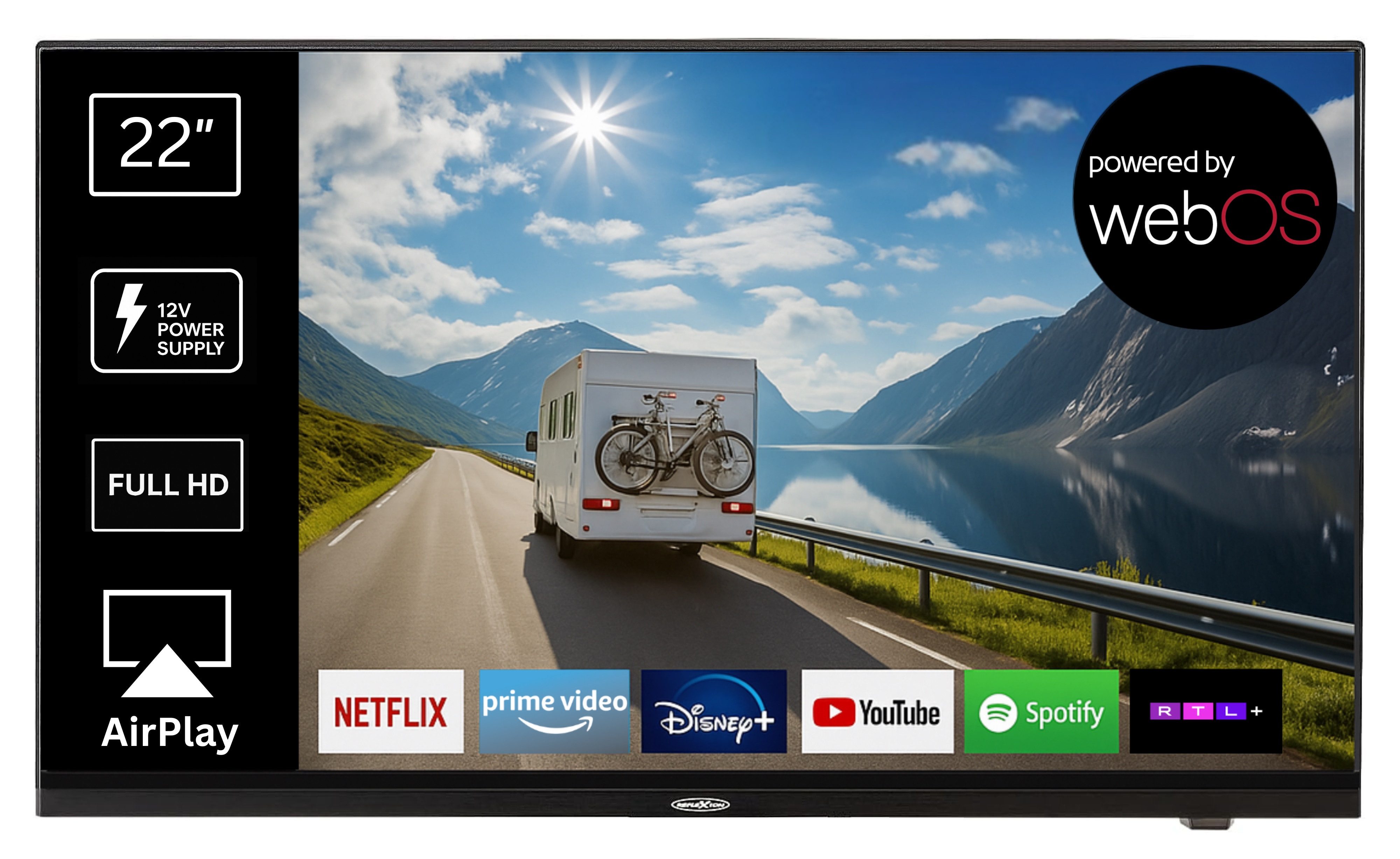 Reflexion LDDX22IBT BLACK LED-Fernseher (55 cm/22 Zoll, Full HD, powered by webOS Hub (LG), Smart-TV, DC IN 12 Volt / 24 Volt, Netzteil 230 Volt integrierter DVD-Player)