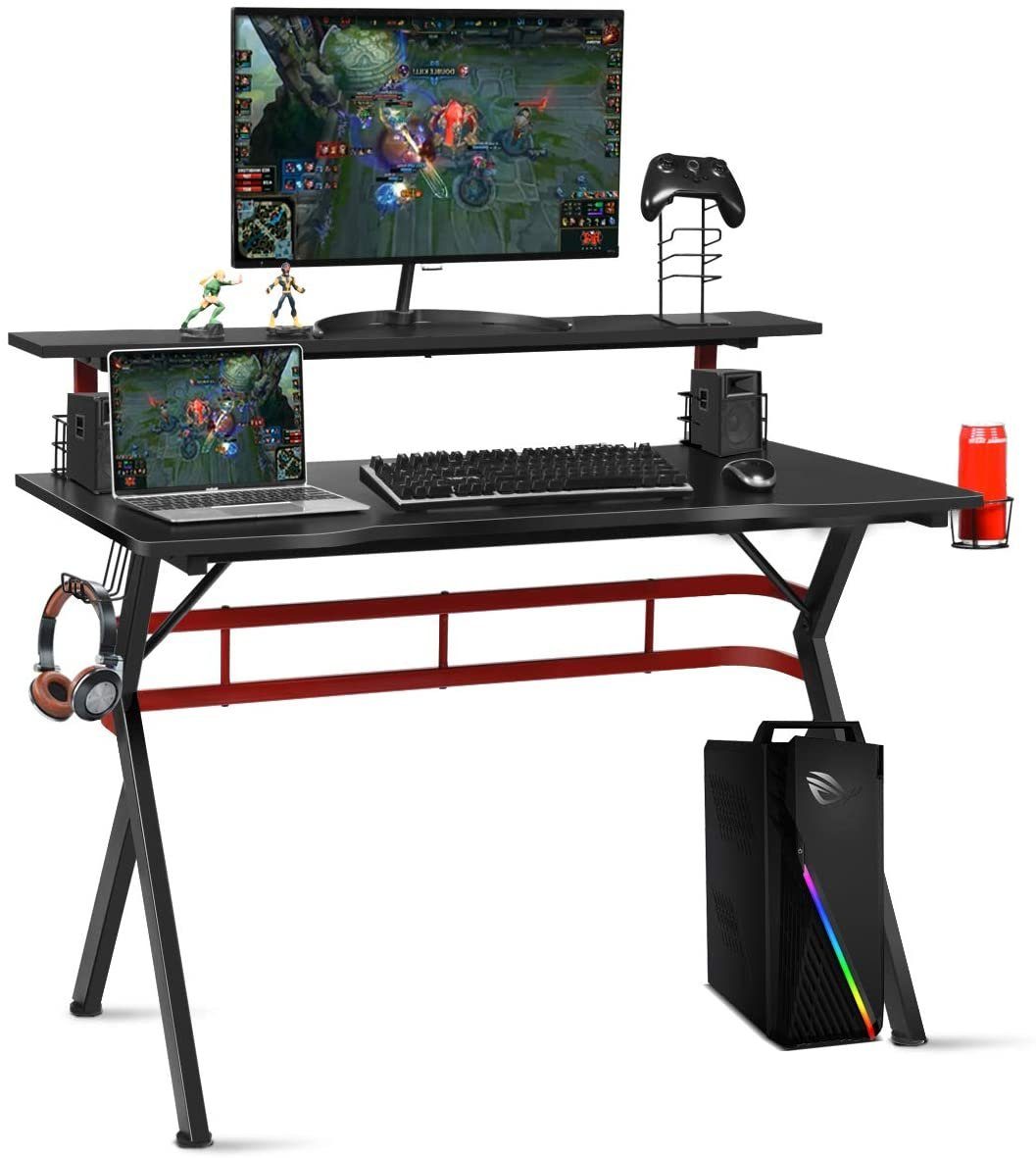 COSTWAY Gamingtisch, 120cm mit Monitorständer, Boxen-Ständern, 2 schwarz+rot Haken