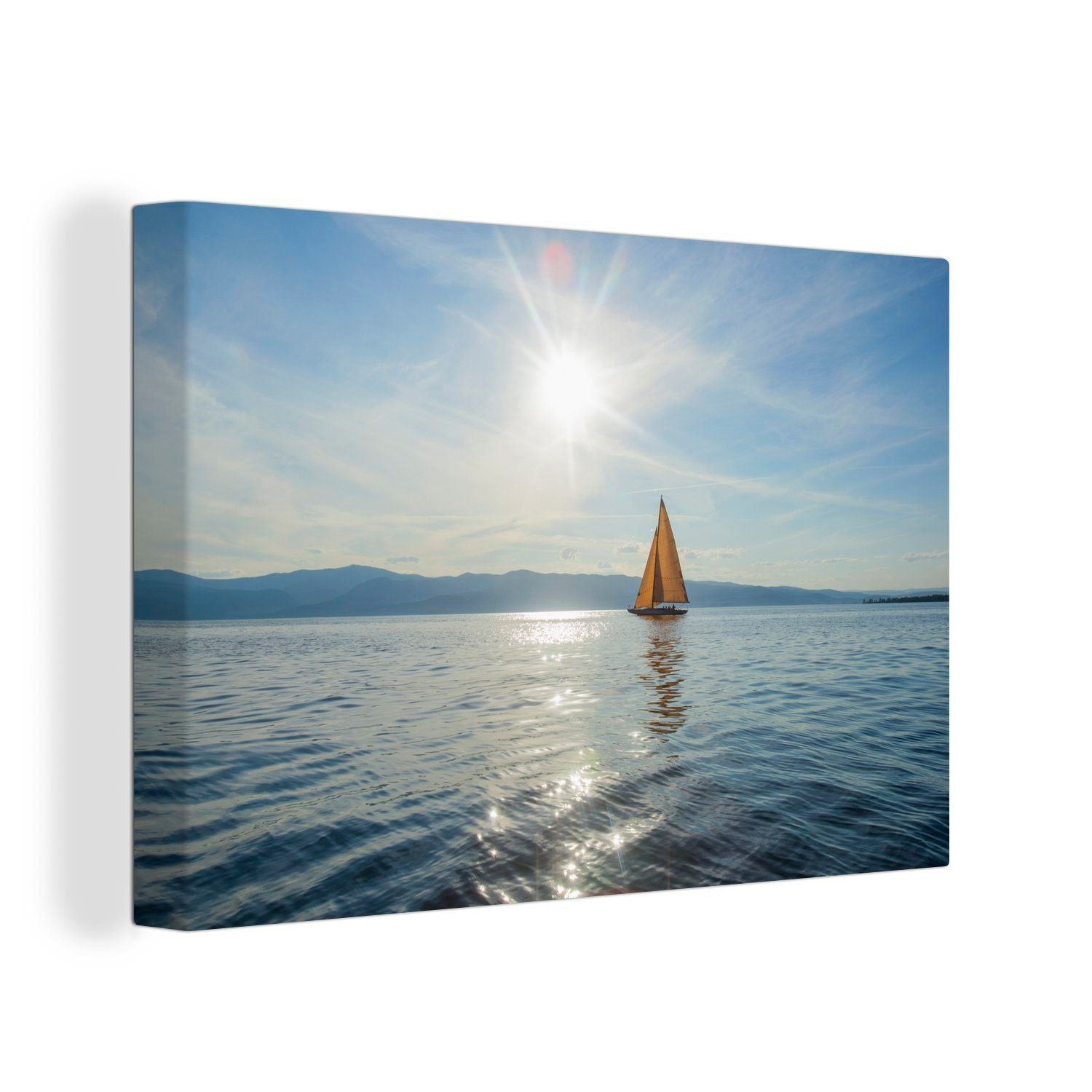 Leinwandbild einem Segelboot cm 30x20 Aufhängefertig, Wanddeko, gelben Sonnenstrahlen Leinwandbilder, OneMillionCanvasses® auf dem St), Wandbild See, (1 über