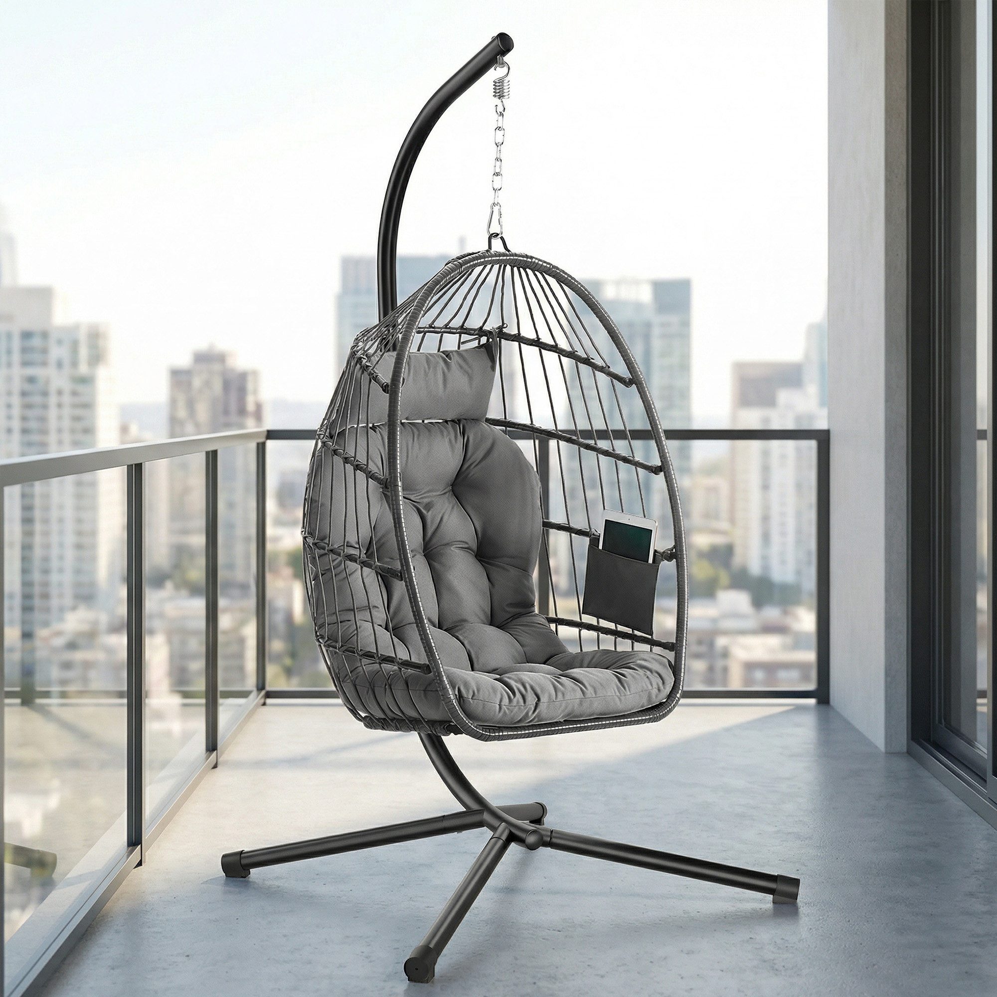 SONGMICS Hängesessel mit Kissen Ei-Design Balkon & Garten inkl. Zubehörpaket & Anleitung, Schaukelstuhl mit Gestell, klappbarer Korbsessel höhenverstellbar