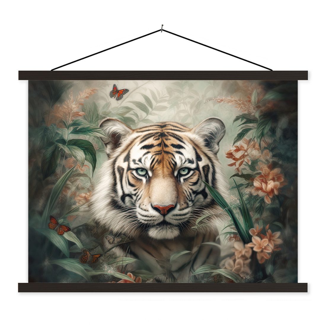 Poster Tiger - Schmetterlinge - Tiere - Dschungel - Blumen