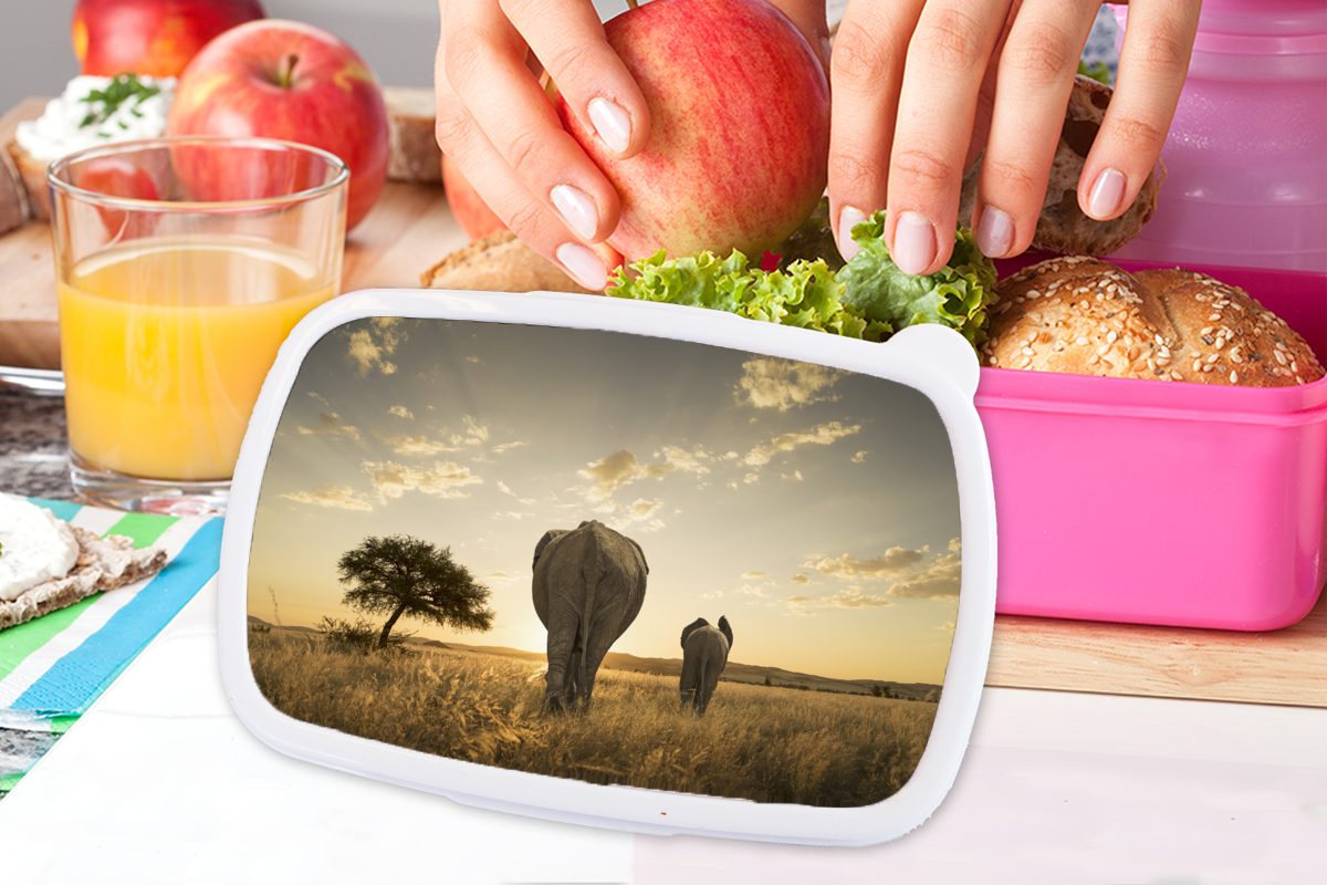 MuchoWow Lunchbox Elefant Kunststoff, Mädchen, - Erwachsene, Safari rosa - für Brotdose Snackbox, Sonnenuntergang, Kunststoff (2-tlg), Brotbox Kinder