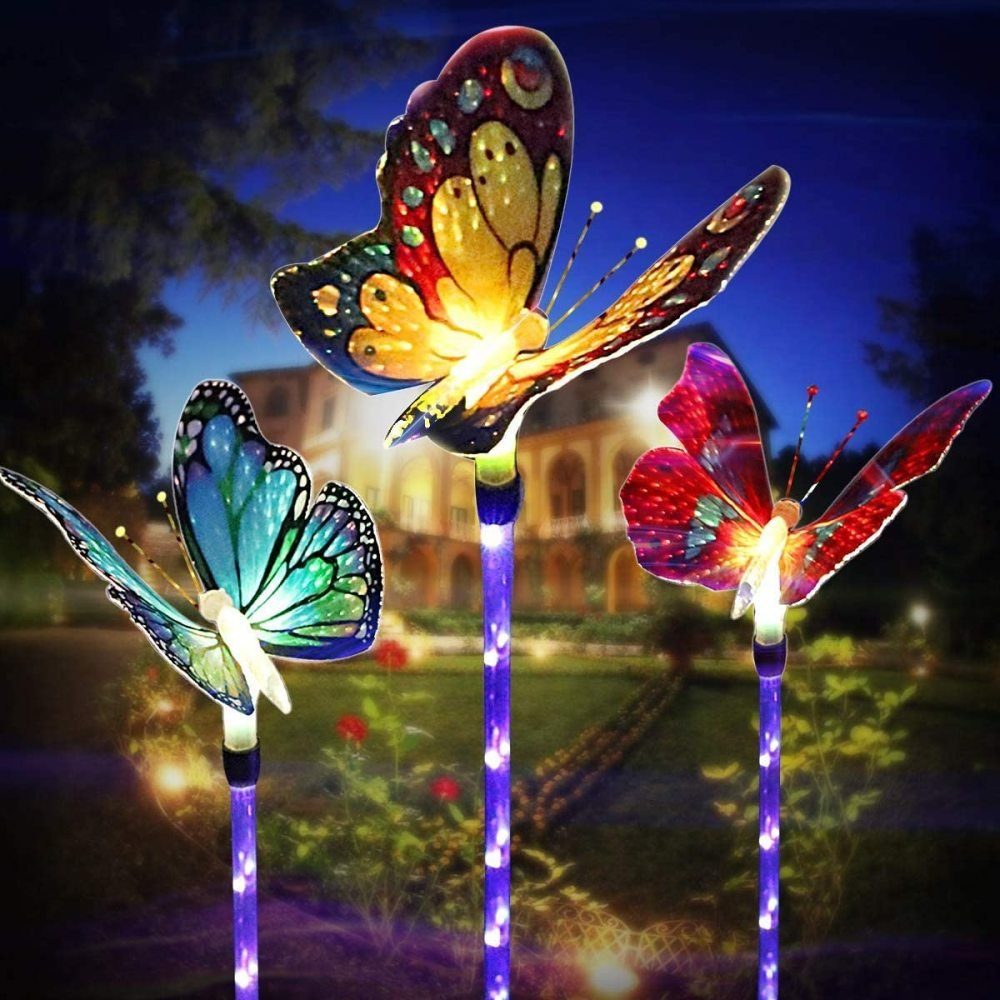 GelldG LED Solarleuchte 3 Stück mehrfarbige wechselnde LED-Schmetterlings-Solarpfahlleuchten