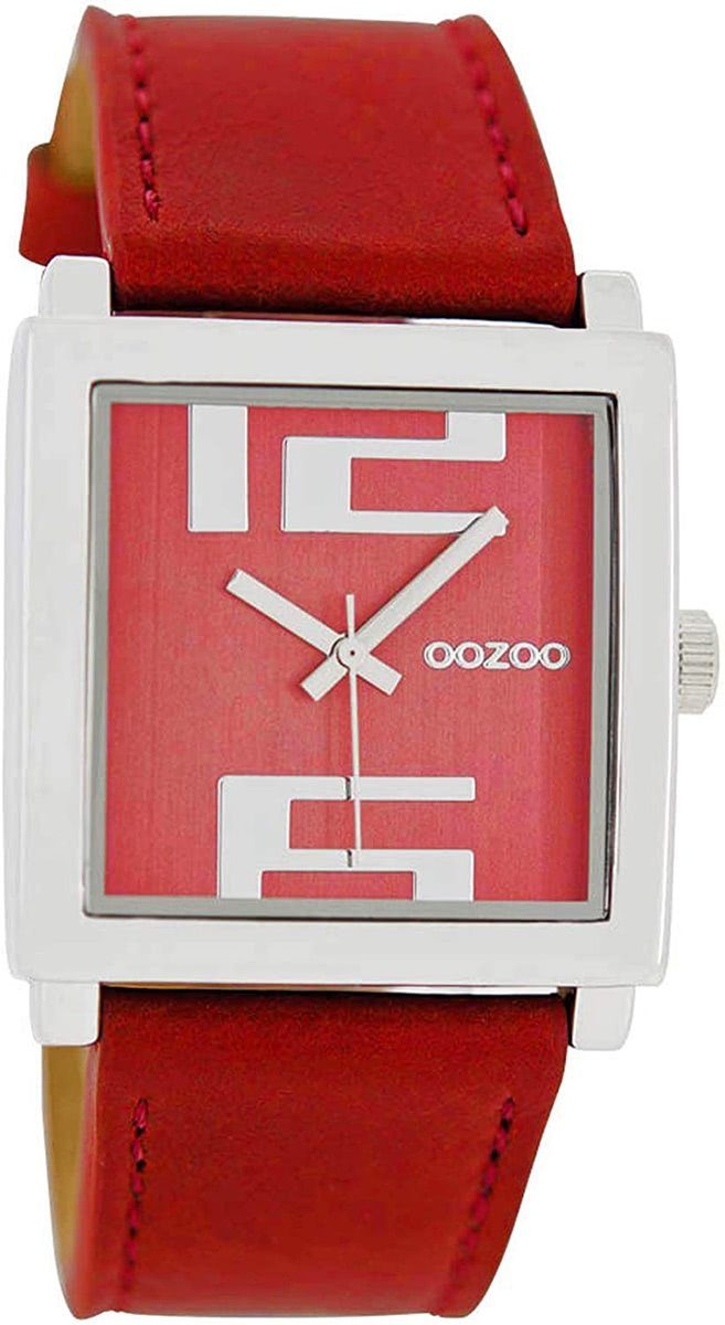 34mm) Oozoo Fashion-Style Damen Lederarmband, Armbanduhr Quarzuhr OOZOO Damenuhr mittel eckig, rot, (ca.