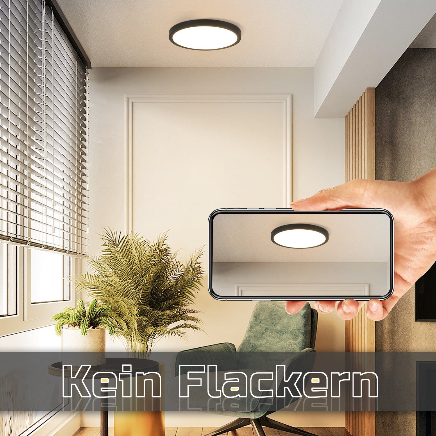 IP44 Schwarz ZMH Flur Küchenlampe fest Deckenleuchte 8W LED ∅17cm, Wasserdicht integriert, LED für Schlafzimmer, Bad Balkon Warmweiß,