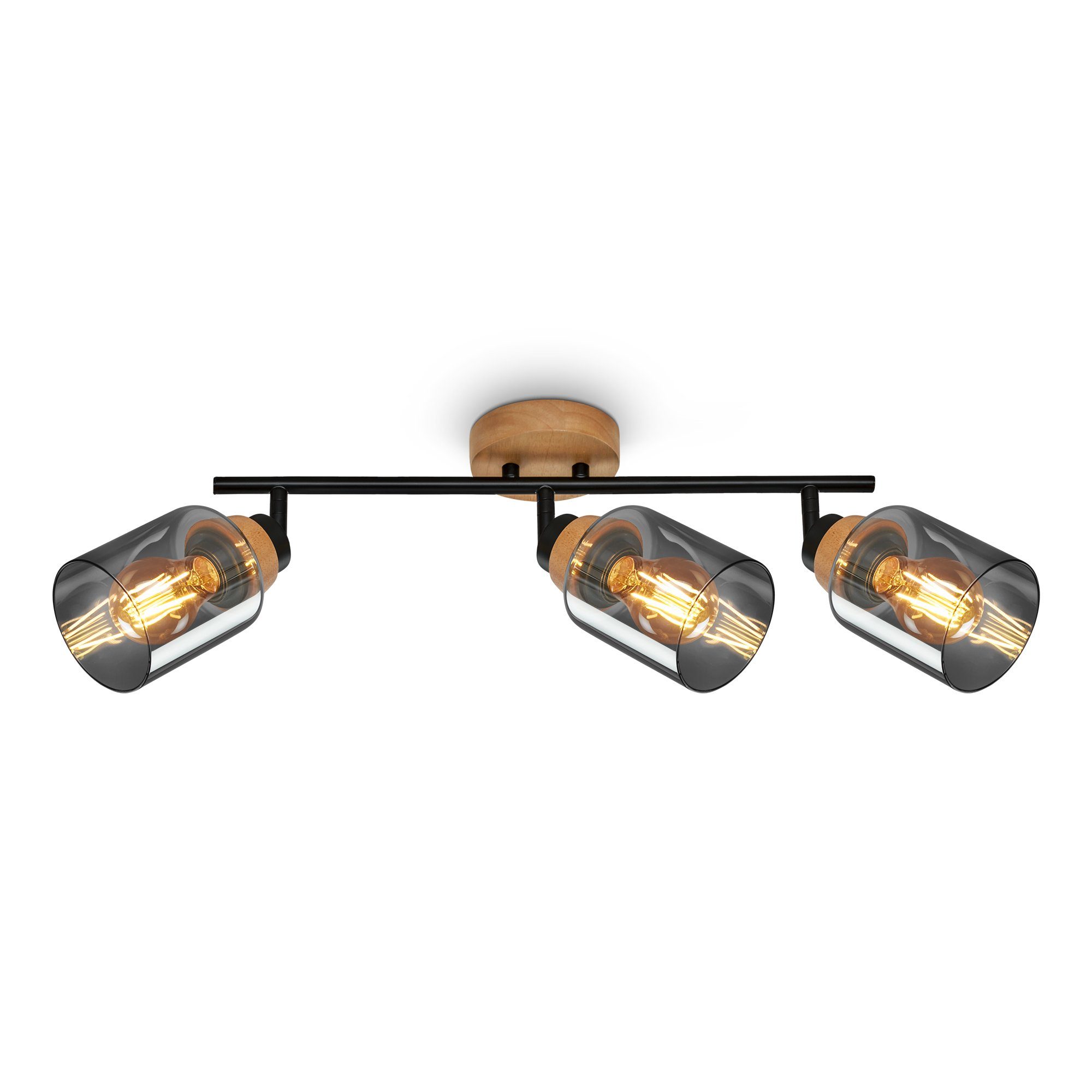 Briloner Leuchten Deckenspots 2485035, schwenkbar, LED wechselbar,  Deckenlampe, 47 x 11 x 24cm, Schwarz-Holz, max. 10W, Rauchglas, Retro