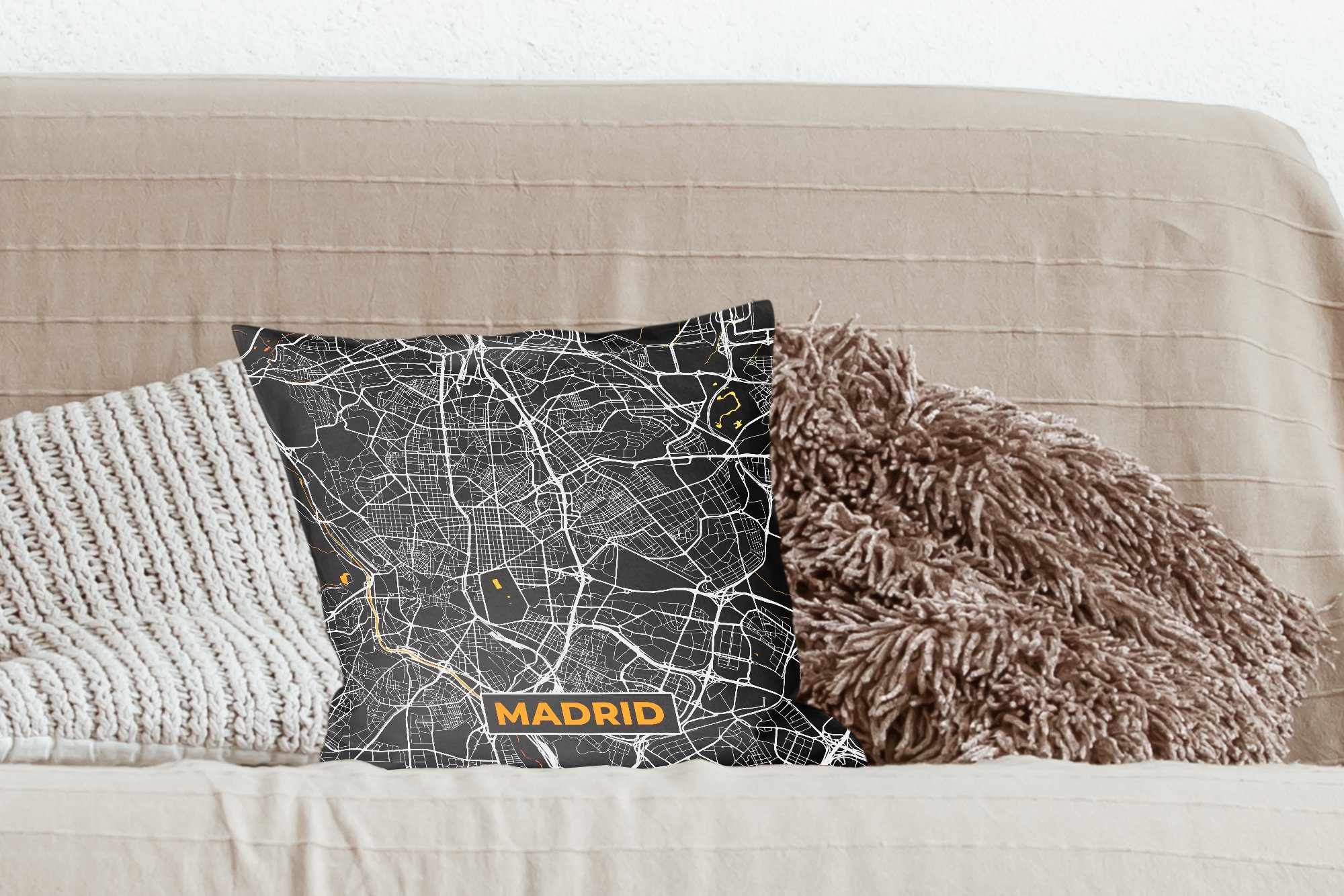 Zierkissen mit Karte, - Dekokissen Deko, - Madrid Sofakissen Stadtplan Gold - für Wohzimmer, Füllung Schlafzimmer, MuchoWow